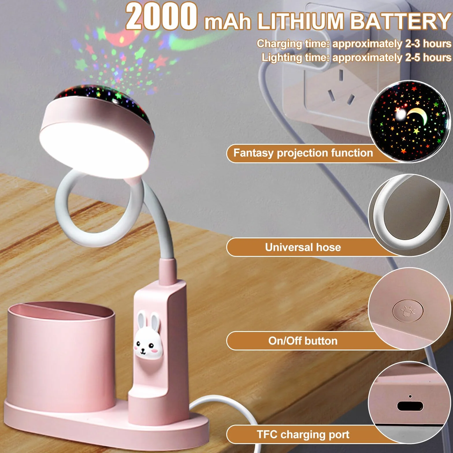 Aicharynic Lampka biurkowa dla dzieci, lampka nocna LED, z uchwytem na długopis, lampa stołowa LED, ściemniana, niebo, lampa stołowa, możliwość ponownego ładowania, regulowana 360°, z projekcją