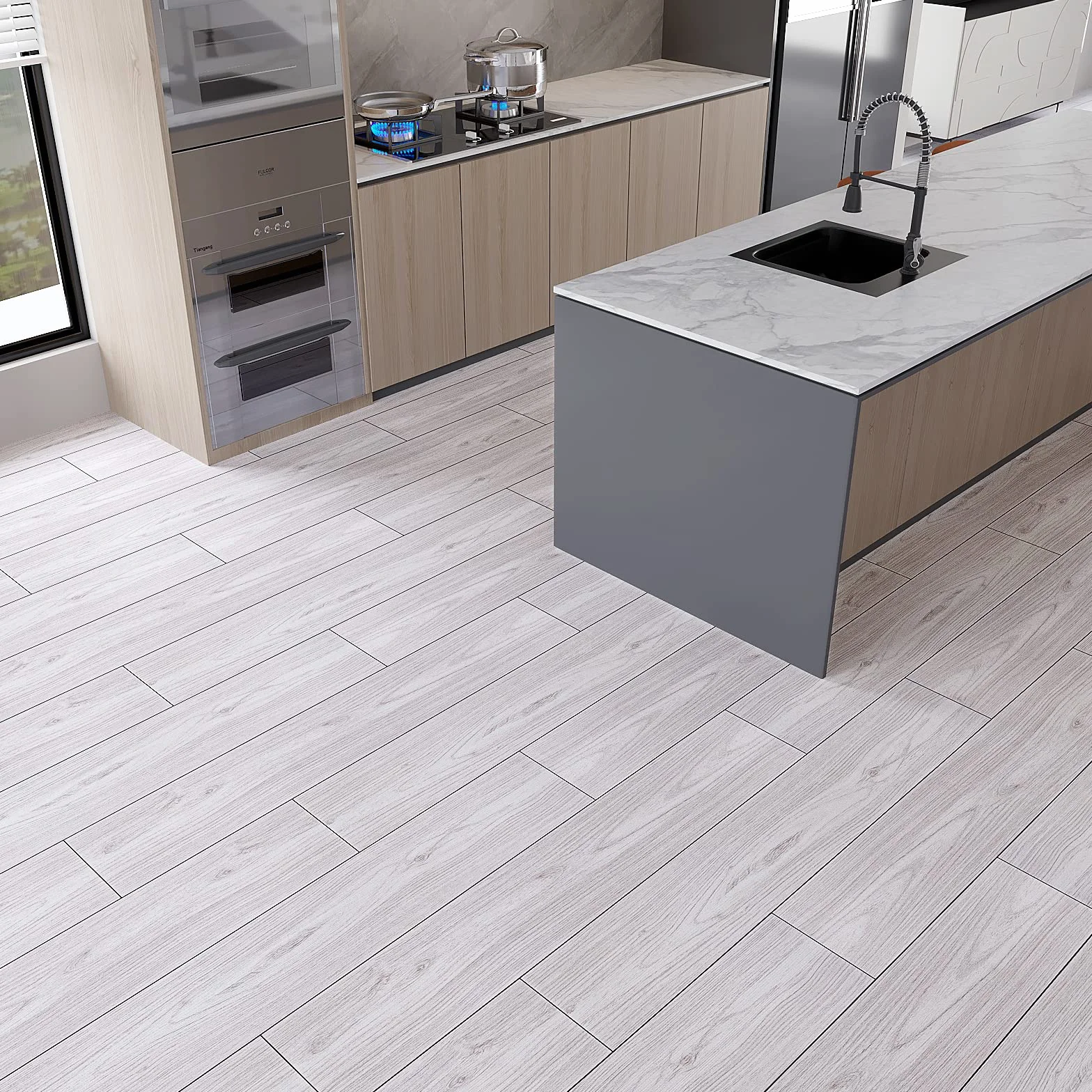 VEELIKE PVC Klej Podłoga Efekt Drewna Płytki Naklejki Wodoodporne 90cm×15cm 12 Sztuk