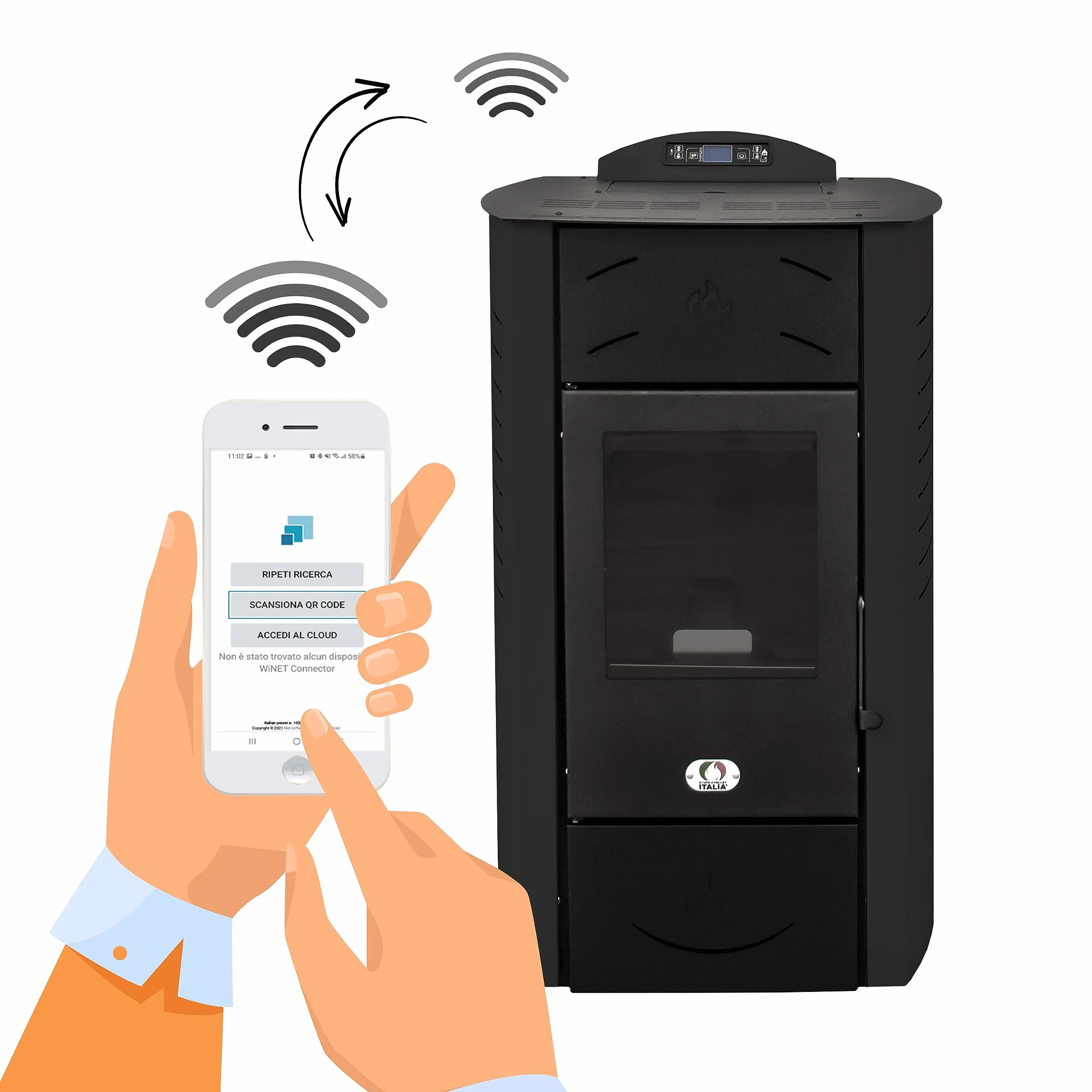 STUFE A PELLET ITALIA Syberia Hydro 15 kW WiFi - wodny piec na pellet WiFi, ciepło do otoczenia i ciepłej wody, wydajność 90% ciepła 90 m², czas pracy 20 h, programowalny 5 mocy, 24 miesiące czarny