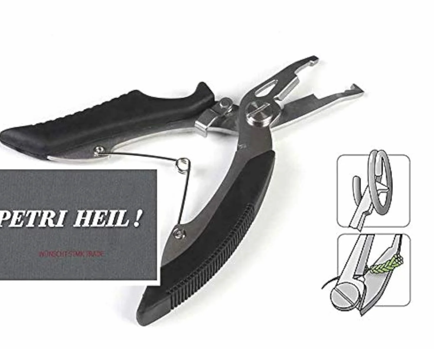 # Nożyce czarne lub czerwone do plecionego sznurka i szczypiec do pierścieni osadczych, Split Ring Pliers ok. 13 cm + gratis Petri Heil! Naklejka (czarna)