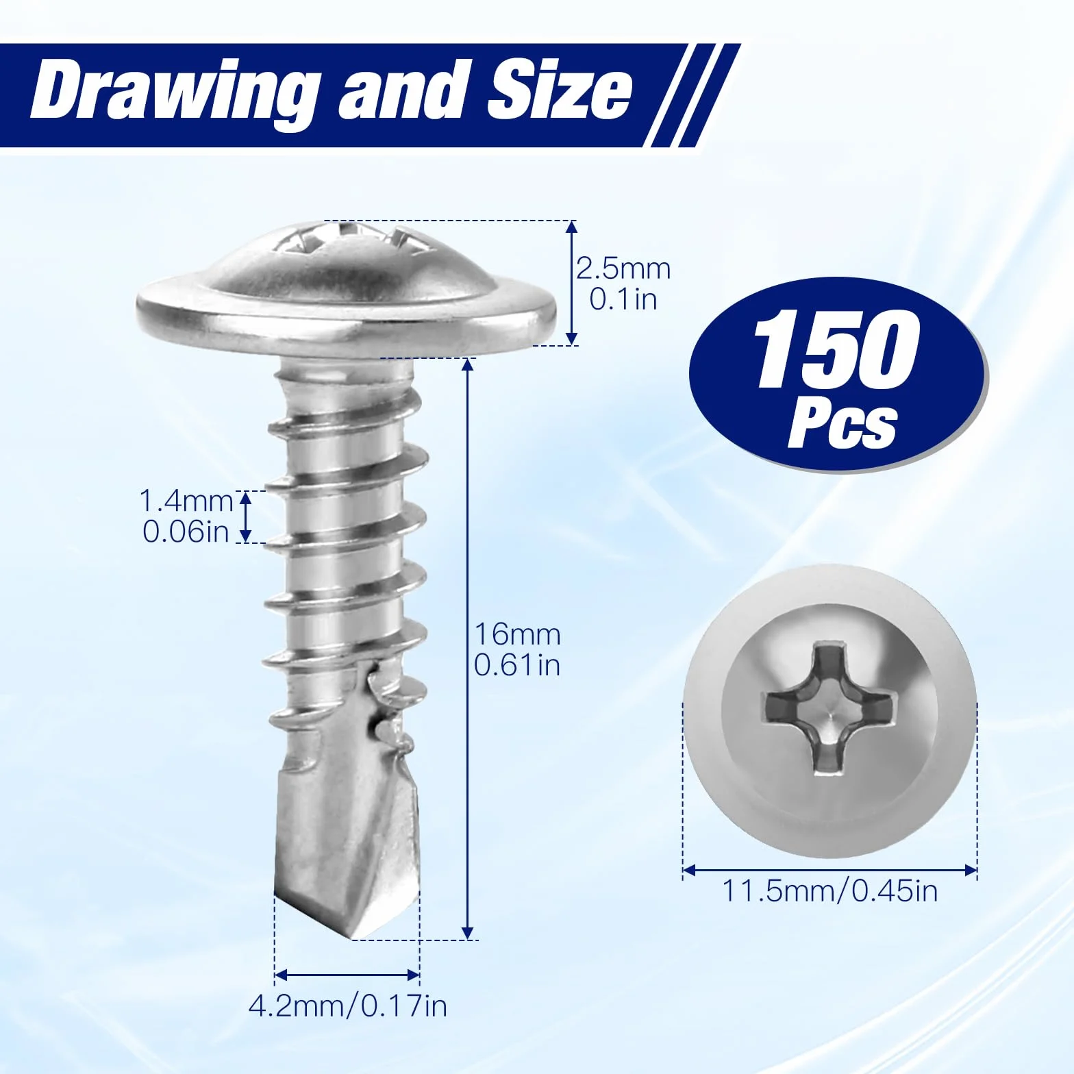 Śruby samowiercące ze stali nierdzewnej, 150 sztuk, metalowe, M4,2 x 16 mm, śruby samowiercące ze stali nierdzewnej, śruby samowiercące, srebrne wkręty samowiercące do metalu