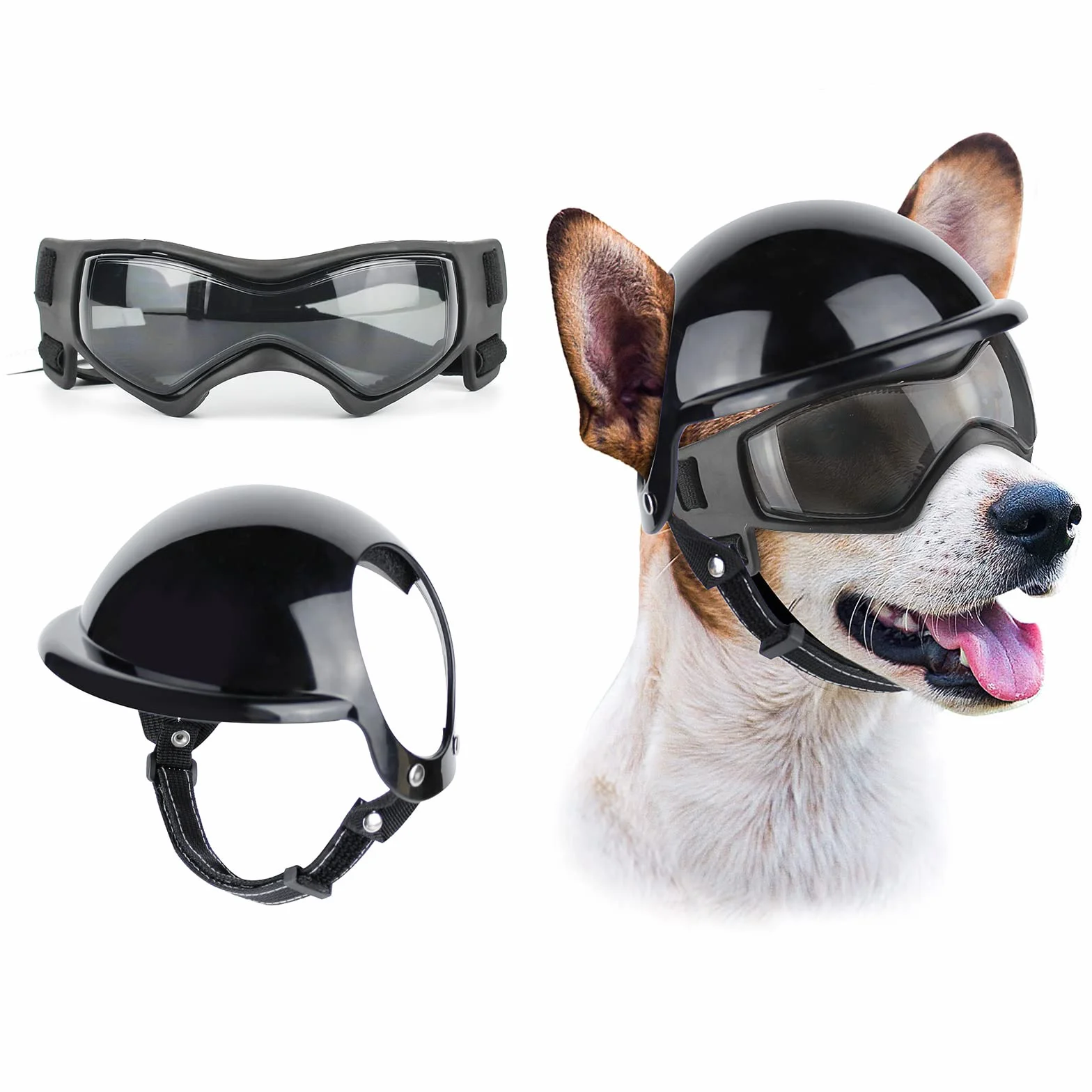 NAMSAN Okulary przeciw UV dla psów z kaskiem dla zwierząt domowych, wiatroszczelne ochrona oczu, okulary przeciwsłoneczne dla psów, fajny kask motocyklowy dla zwierząt domowych dla małych/średnich