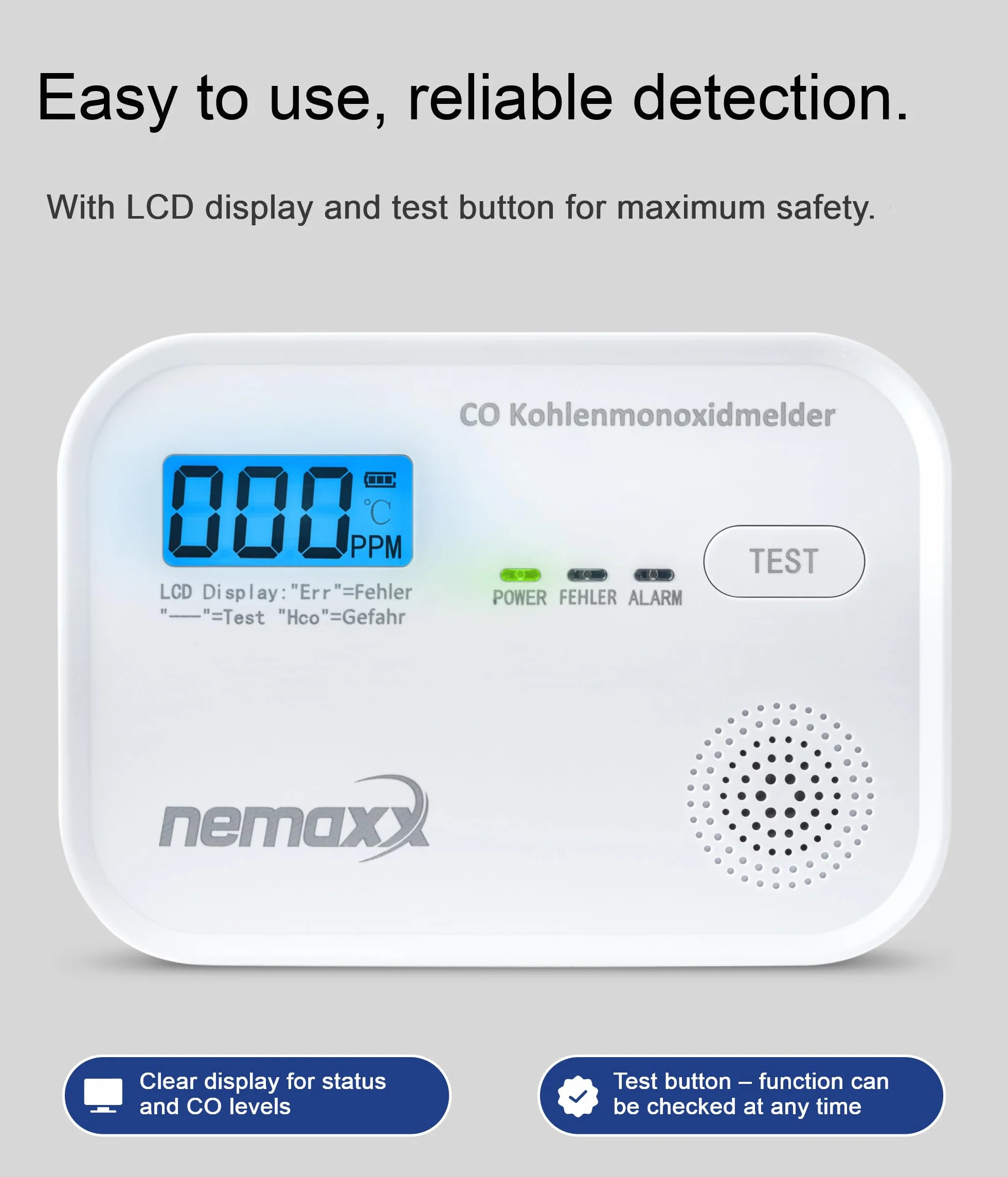 NEMAXX CM18 Czujnik Tlenku Węgla Alarm CO z Wyświetlaczem LCD 85 dB Sensor Elektrochemiczny EN 50291-1:2018 Zestaw 3 szt.