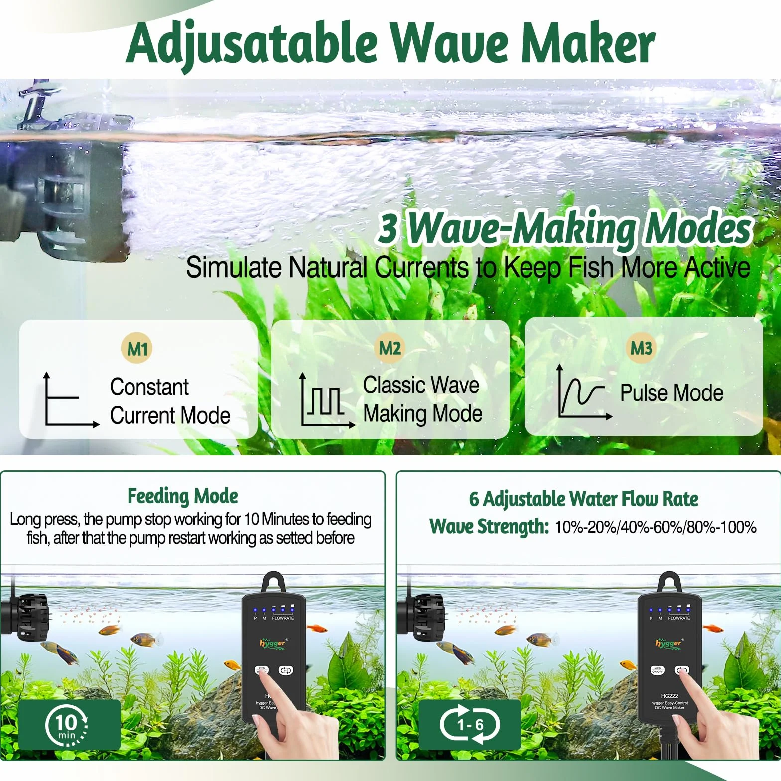 Hygger – pompa do akwarium, Mini Wavemaker 9W 2500L/h, 660GPH, magnetyczna pompa falowa, pompa cyrkulacyjna do wody morskiej, 3 tryby, 6 regulowanych prędkości, pompa obiegowa do akwarii 18-37L