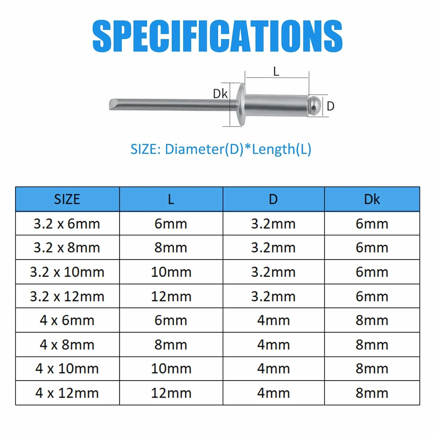 420 szt. 8 rozmiarów aluminiowych nitów ślepych, 3,2 mm 4 mm zestaw asortymentowy nitów pop (srebrny)