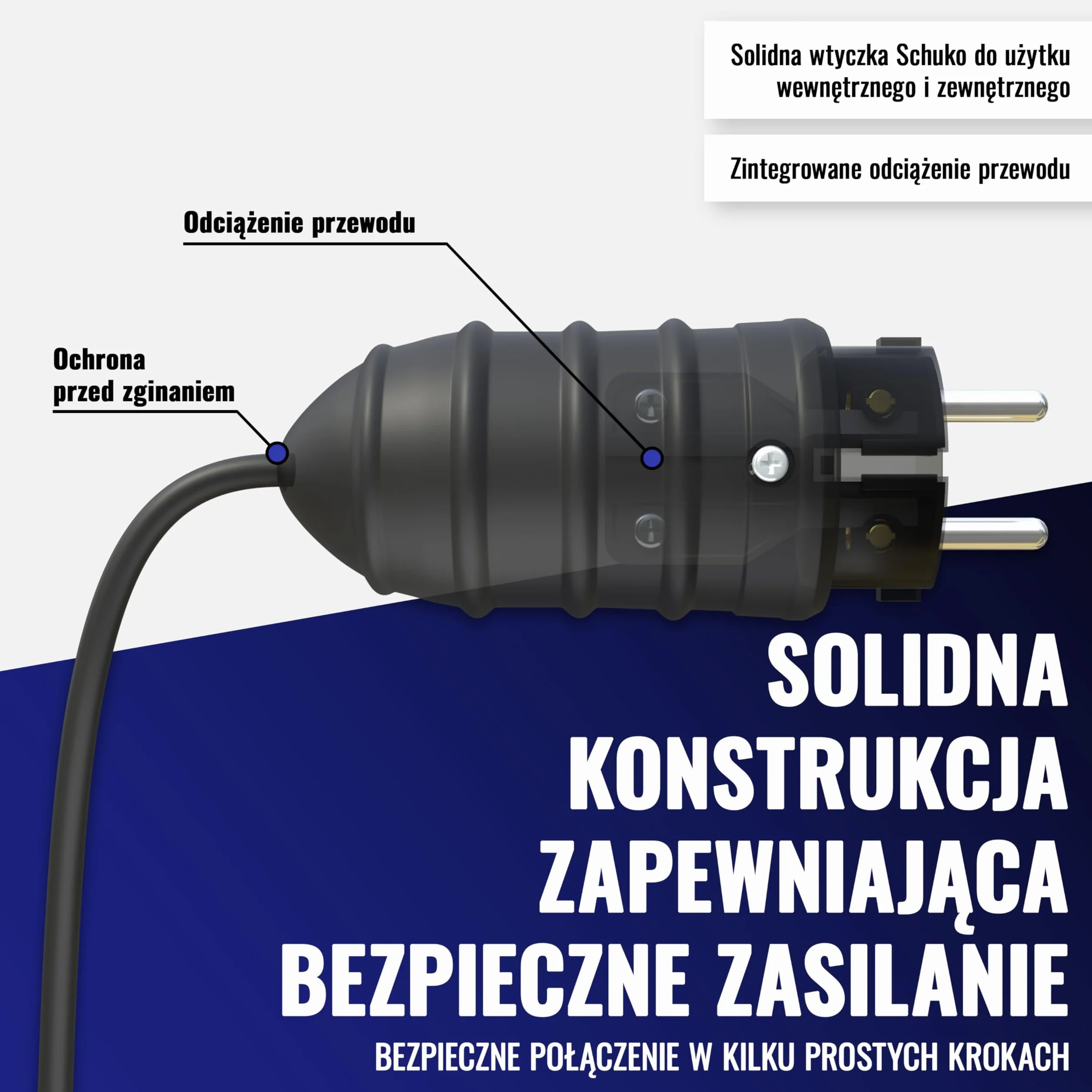 Poppstar wtyczka Schuko 250V z zabezpieczeniem przeciwzgięciowym, (2-biegunowa, 230V, 16A, IP44), wodoodporna do użytku na zewnątrz, czarna
