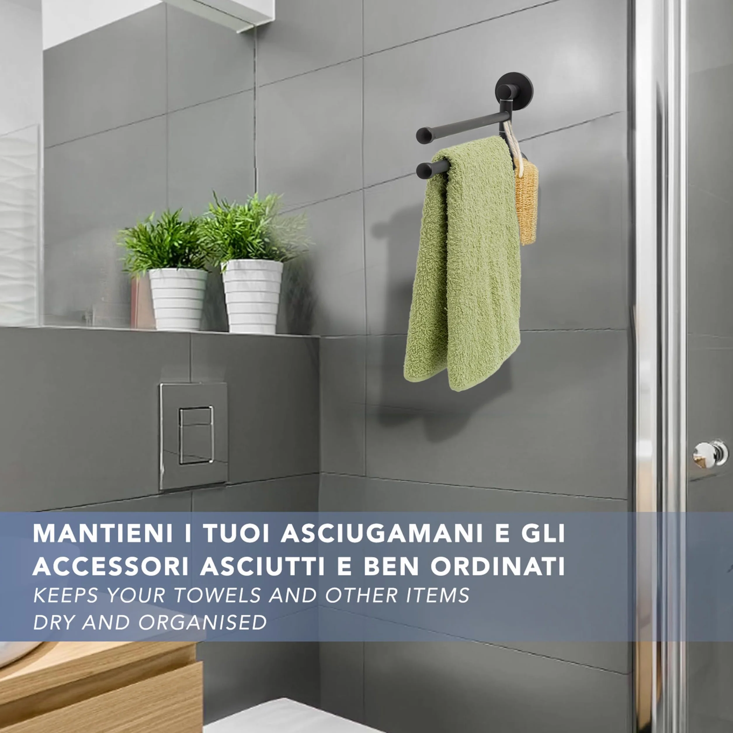 IPEA Uchwyt na ręczniki Naklejka ścienna lub meble łazienkowe - 2 miejsca - bez wiercenia - 180° - Nowoczesny design - ruchome podwójne ramię - uchwyt na chusteczki ścienne do przyklejania łazienki