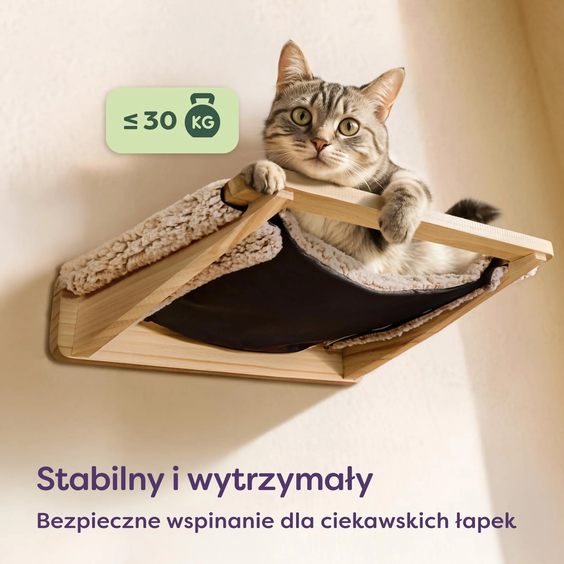 Knupis Zestaw Ściennej Drabinki dla Kota z Hamakiem i Schodkami Lite Drewno Sosnowe FSC Stabilna Półka Ścienna do 30 kg Beżowy