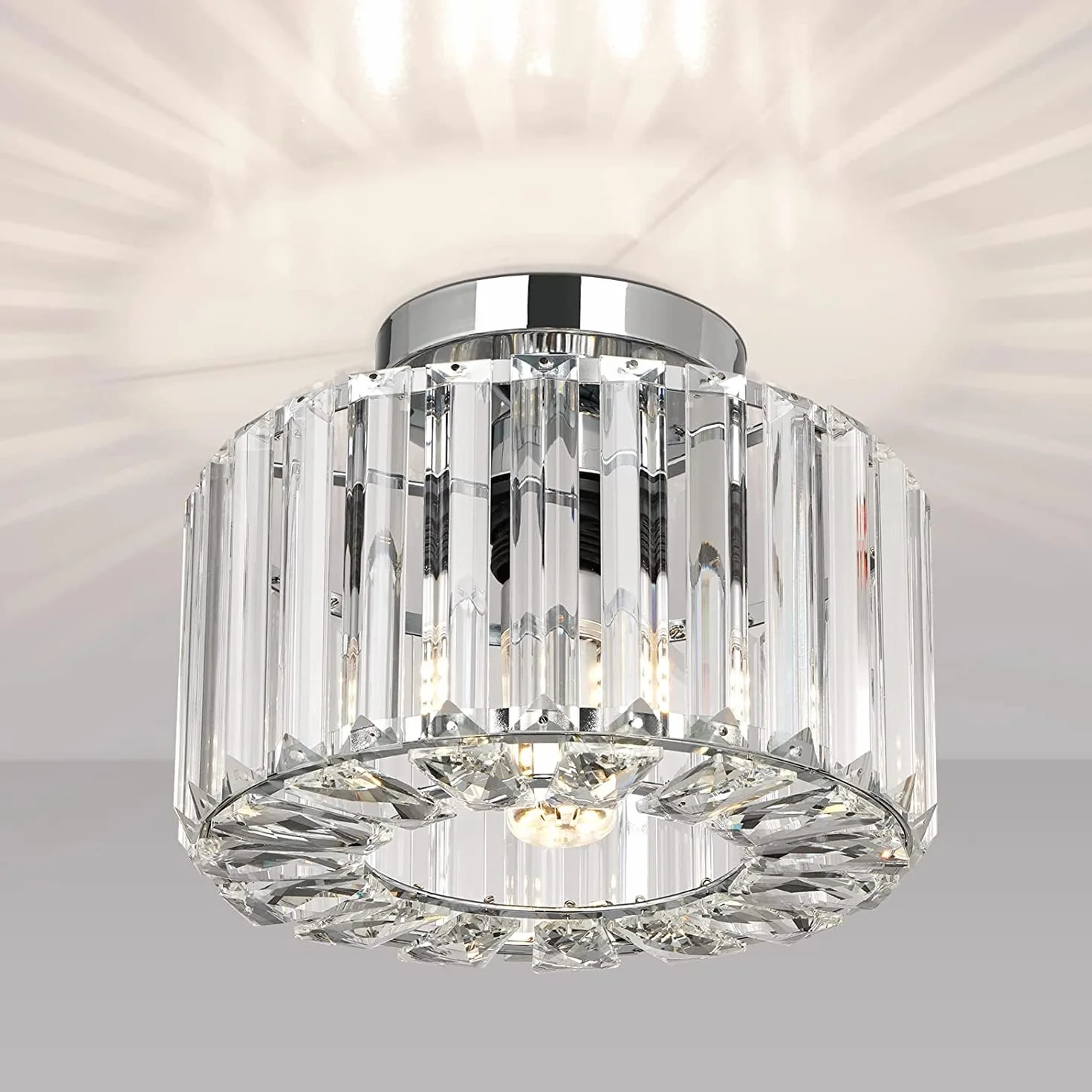 Frideko Home Nowoczesna kryształowa lampa sufitowa – Vintage K9 kryształowy żyrandol, metalowa klatka, abażur z metalu, oprawka E27, lampa sufitowa do kuchni, salonu, sypialni, chrom, Ø 22 cm