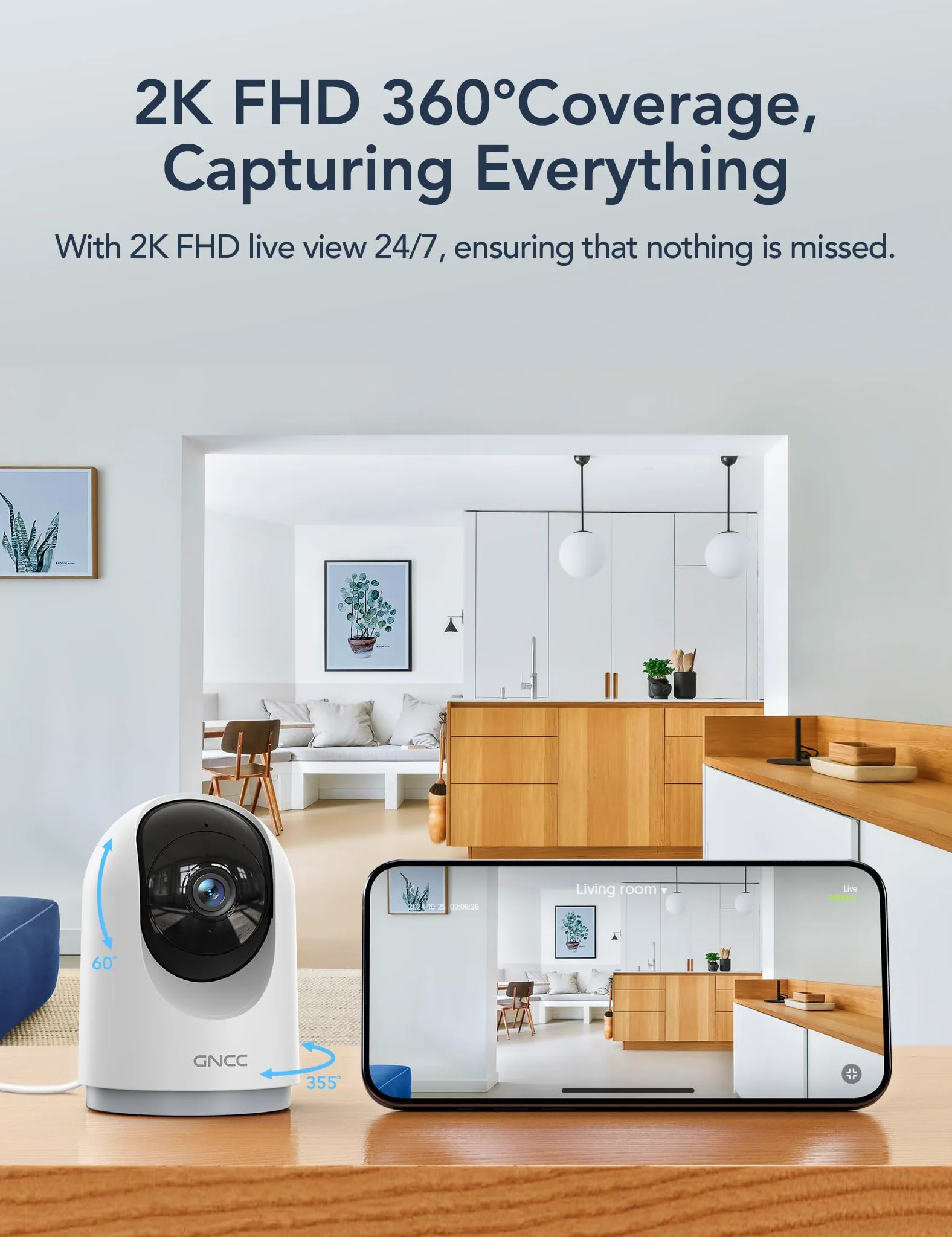 GNCC Wewnętrzna kamera bezpieczeństwa 2K/3MP, WiFi, kamera CCTV, ochrona domu, 360°, monitorowanie dla zwierząt domowych, z noktowizorem, wykrywanie ruchu, 2-drożna rozmowa, chmura/SD, działa tylko z
