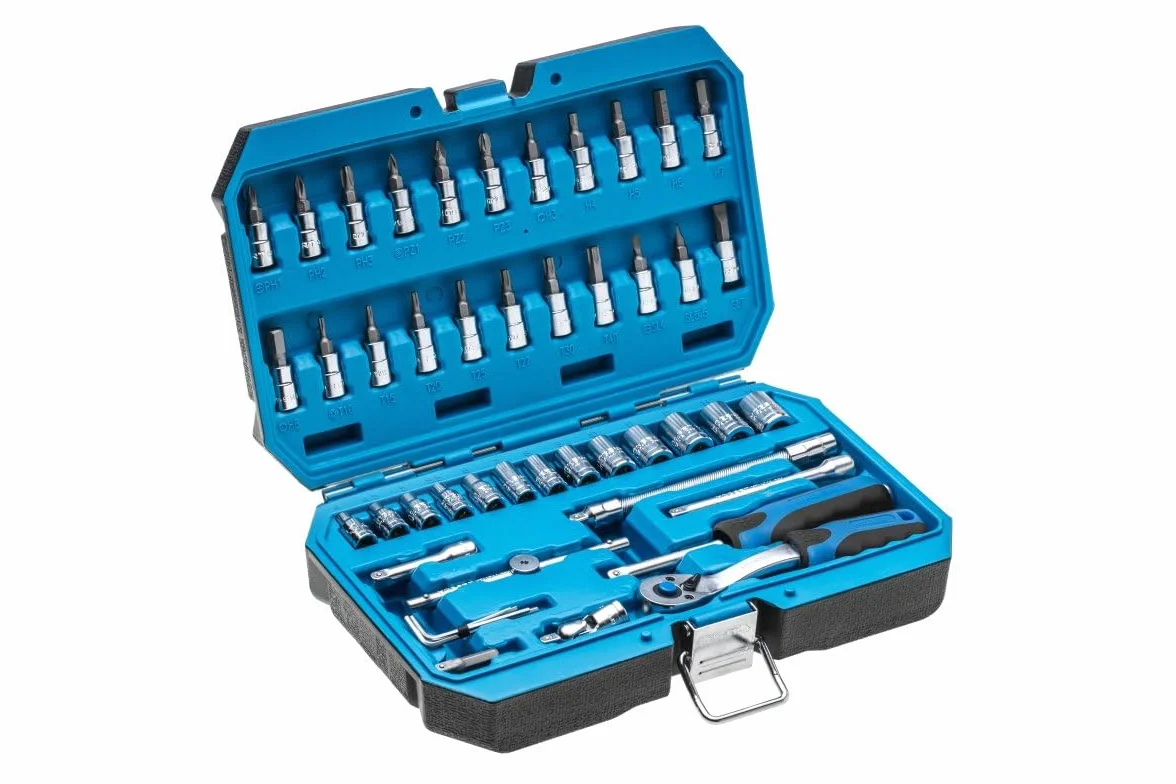 HÖGERT TECHNIK Zestaw narzędzi 1/4" klucze nasadowe bity akcesoria stal stopowa CrV kuta matrycowo mechanizm zapadkowy 72 klamki blokujące HT1R416 46-częściowy