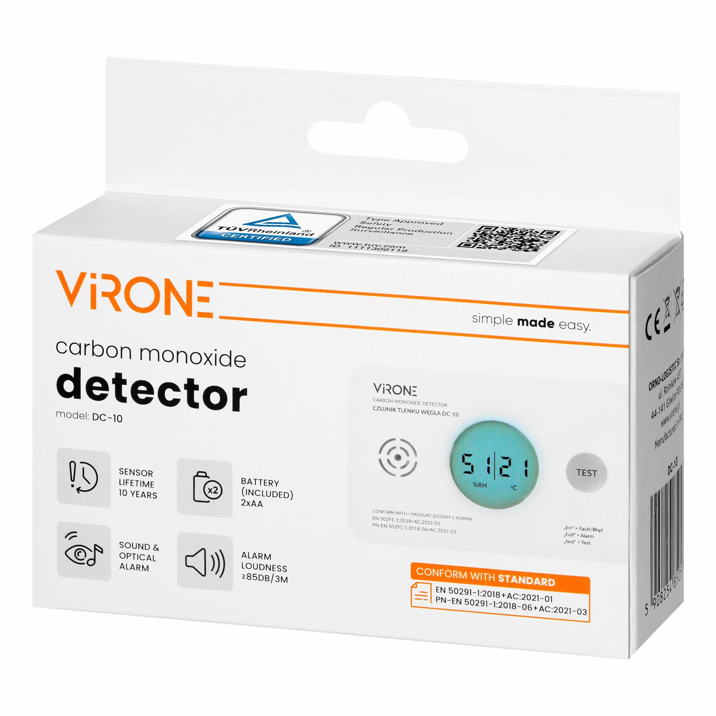 Virone Czujnik Czadu Detektor Tlenku Węgla LCD 10-letnia Żywotność Certyfikat TÜV IP20