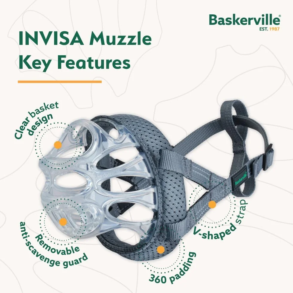 Baskerville INVISA Kaganiec koszykowy dla psa, opatentowany, ludzki design z widocznością twarzy, wyściełany pasek na nos, spodnie i picie, zapobiega gryzieniu i zmiataniu, kaganiec dla średnich psów
