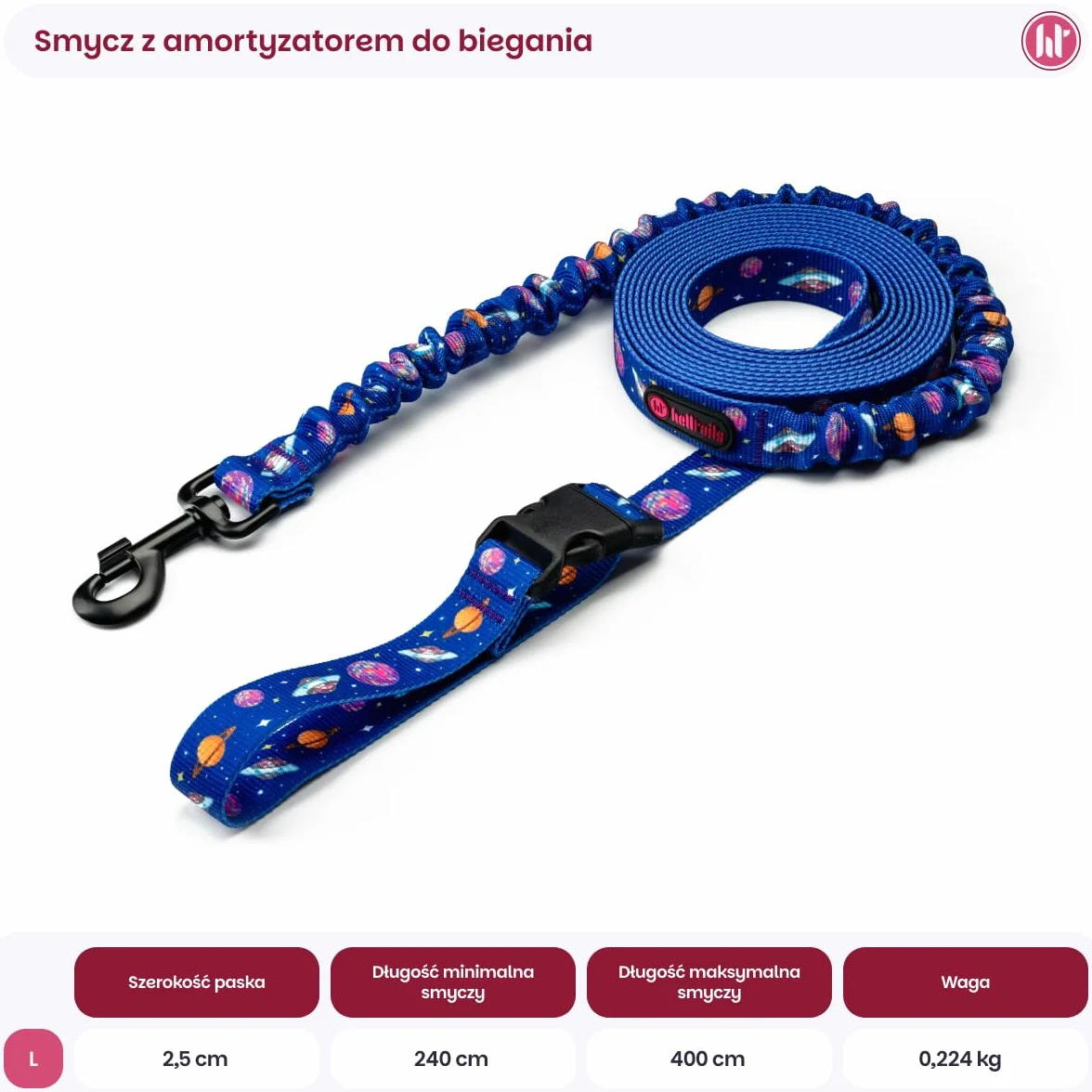 Smycz dla Psa z Amortyzatorem i Pasem Biodrowym | NO ABSORB | Regulowana 2.4-4m | Szerokość 2.5cm | Redukująca Efekty Szarpnięć | 3 Możliwości noszenia | Mocny karabińczyk | Cosmic Bloom