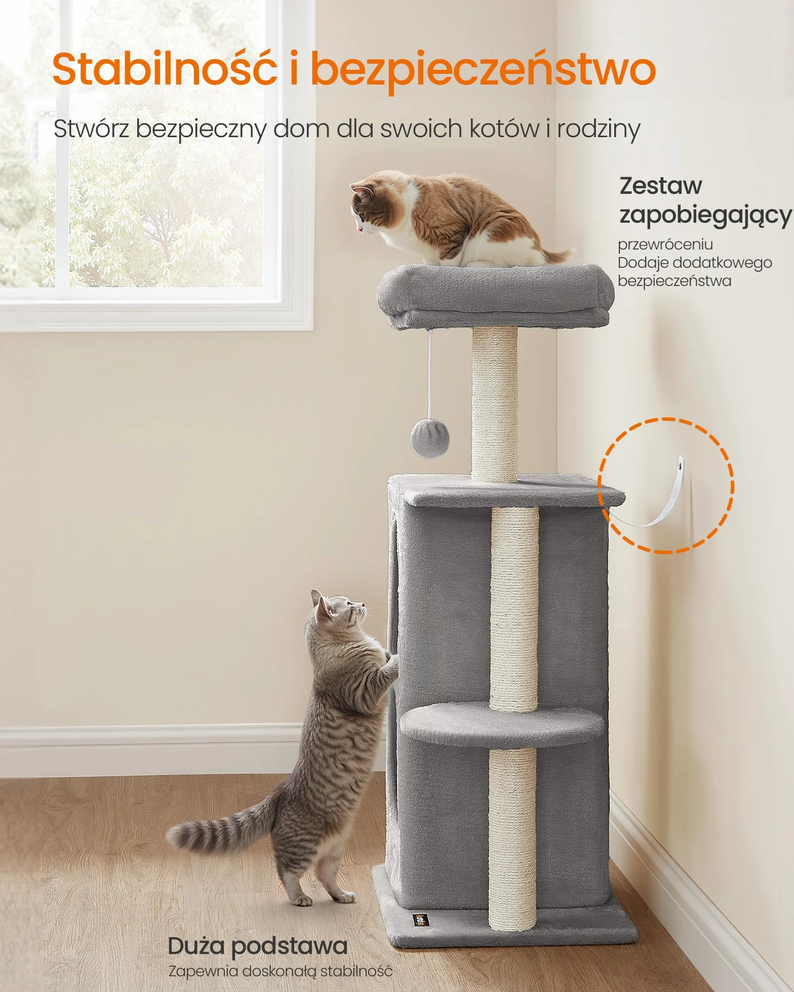 Feandrea Cat Tree, Drapak dla kota z 2 jaskiniami, słupki do drapania, dla gospodarstw domowych z wieloma kotami, kocięta, jasnoszary PCT005G01