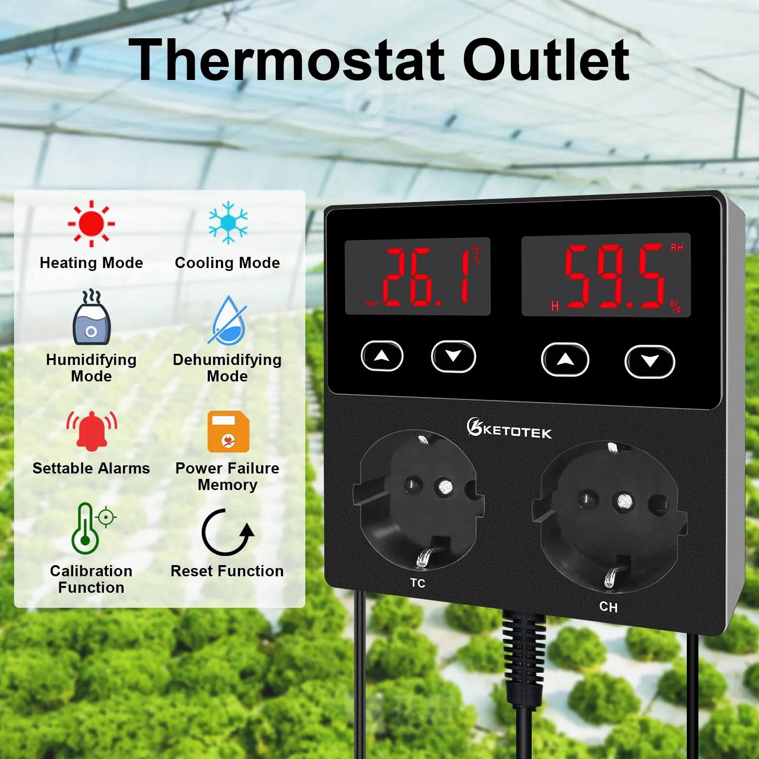 KETOTEK Termostat z higrostatem gniazdko cyfrowe 230 V regulator temperatury i wilgotności do szklarni terrarium