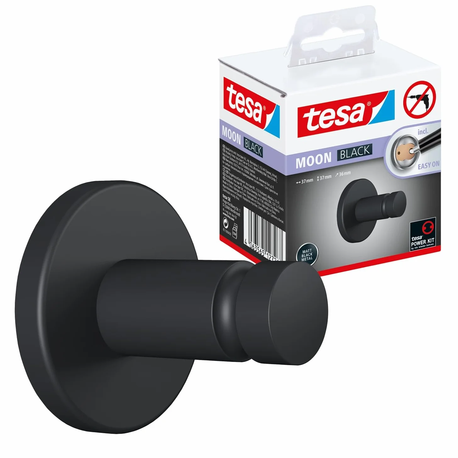 tesa MOON BLACK haczyk na ręcznik, czarny mat - do łazienek w stylu industrialnym - bez wiercenia, samoprzylepny - 37 mm x 37 mm x 36 mm