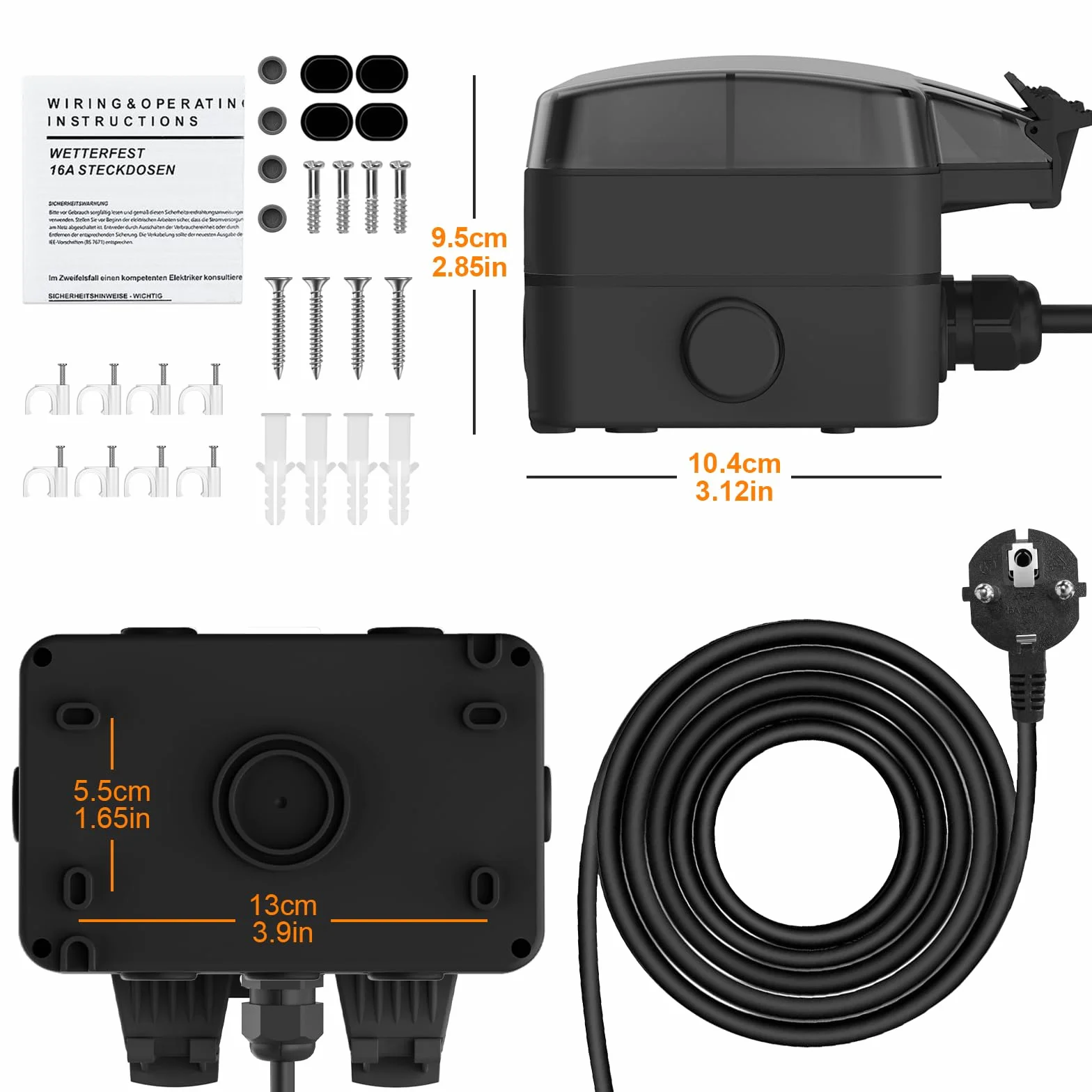 Gniazdko zewnętrzne, wodoszczelne IP66, natynkowe, kabel 3 m, z przełącznikiem, podwójne z klapką, odporne na warunki atmosferyczne, do użytku na zewnątrz