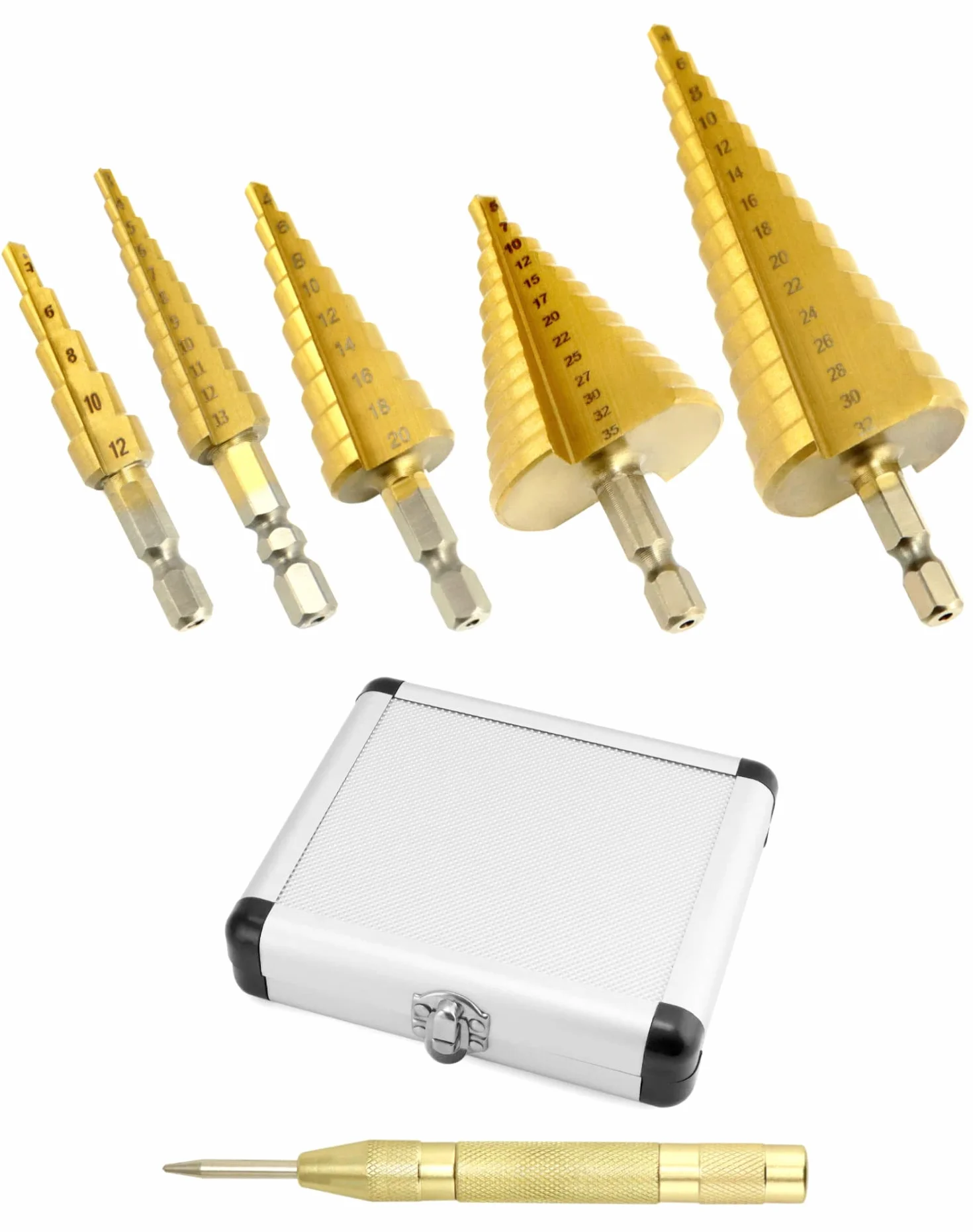 QWORK® Wiertło stożkowe 5-częściowe - HSS 4241-4-12mm / 3-13mm / 4-20mm / 5-35mm / 4-32mm - do blachy drewno tworzywa sztuczne