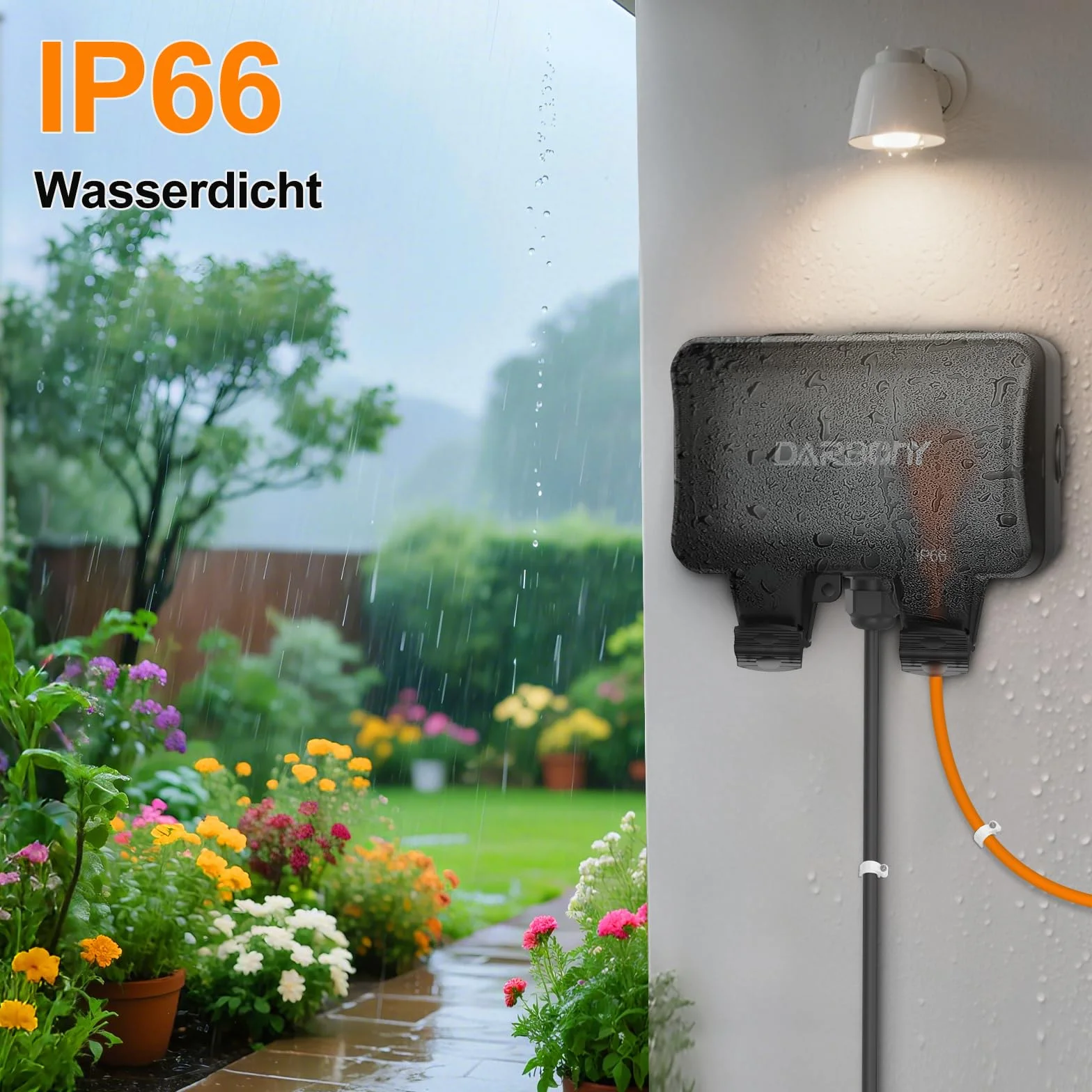 Gniazdko zewnętrzne, wodoszczelne IP66, natynkowe, kabel 3 m, z przełącznikiem, podwójne z klapką, odporne na warunki atmosferyczne, do użytku na zewnątrz