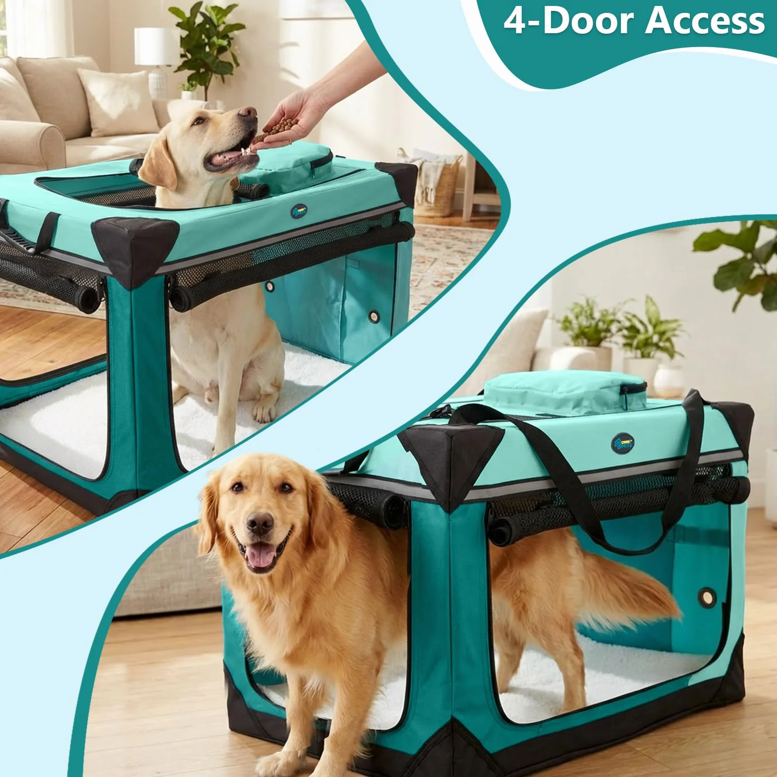 Ownpets Składana skrzynka podróżna dla psa z matą, 4-drzwiowa, 106,5 x 78,5 x 78,5 cm, przenośne nosidełko dla zwierząt domowych z lekką stalową ramą, dla dużych psów, miękka buda dla psów z odpinaną