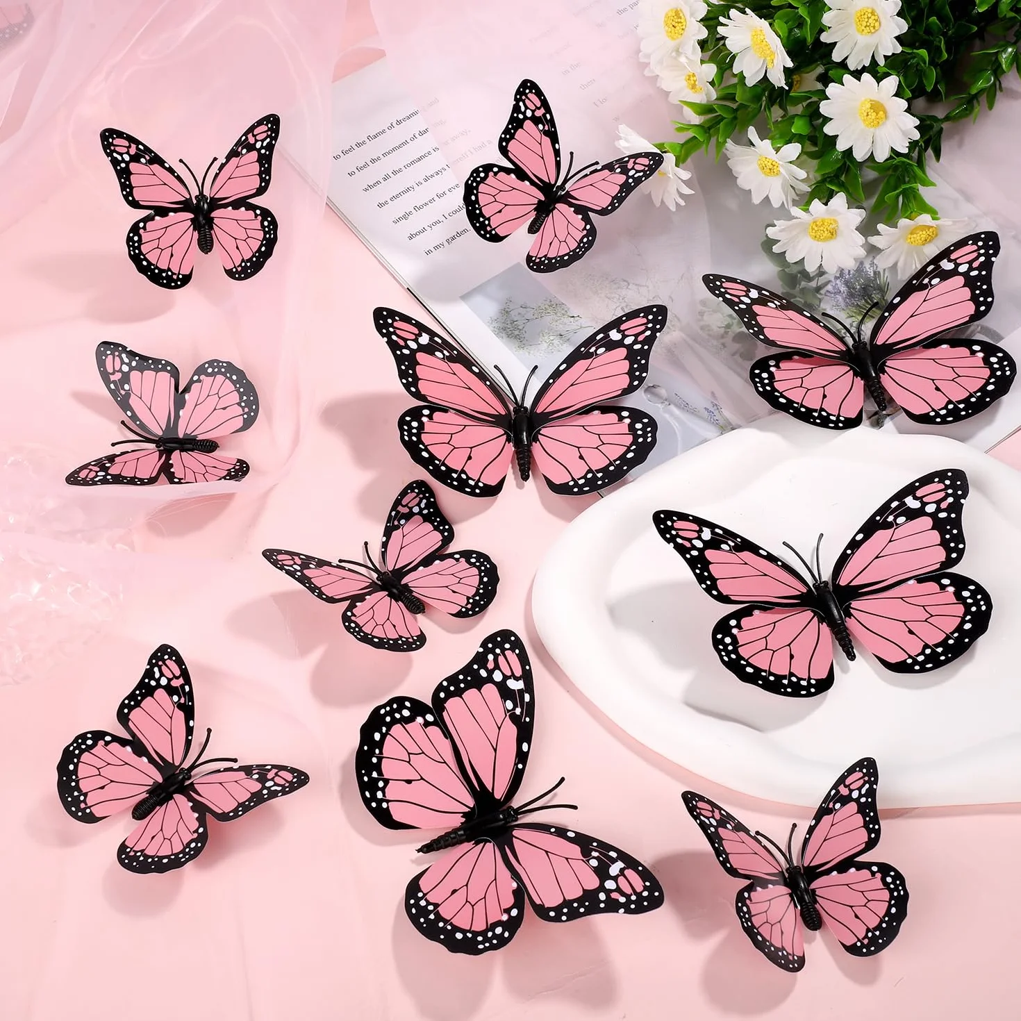 Magnesy Motyl Monarcha 24 Szt. Sztuczny Dekoracje Naklejki Scienne 3D Naklejka do Rzemiosla Sciany (Rózowy)