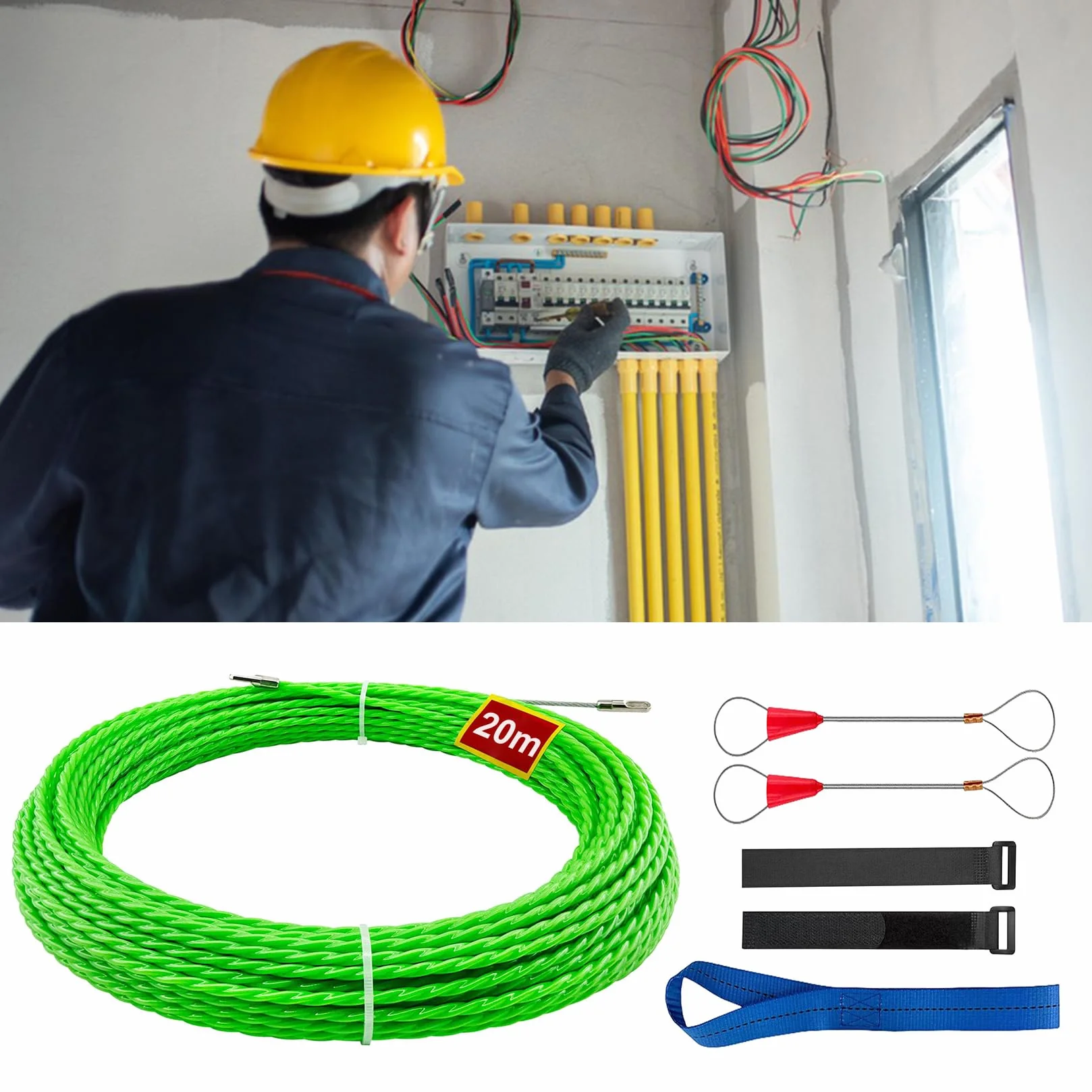 20 M Pomoc do wciągania kabli Taśma do wciągania Drut do wciągania Spirala do wciągania Pomoc przy wciąganiu Ze sprężyną do wciągania Do kabli i instalacji elektrycznych