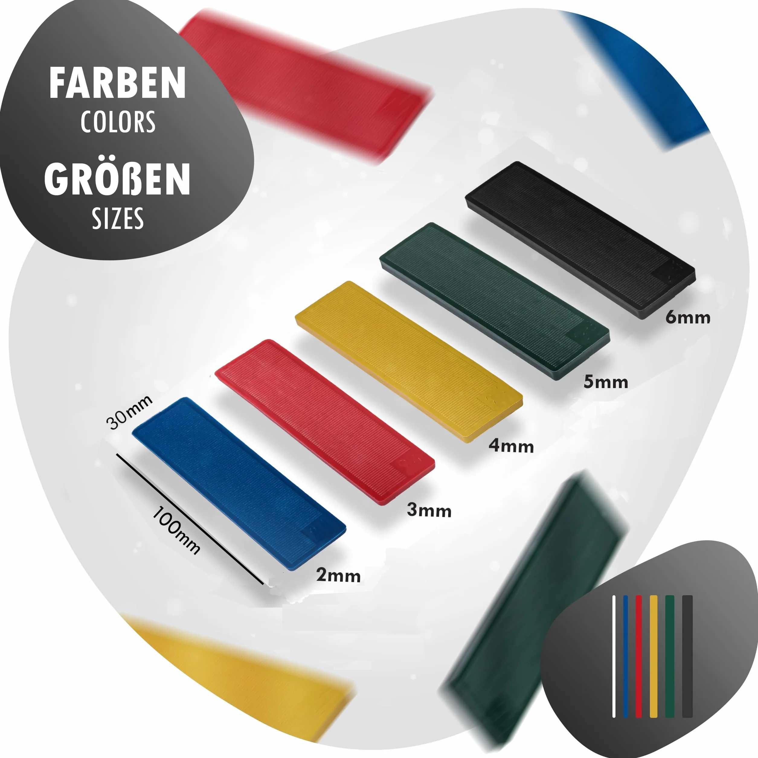 INTAKO Podkładki Dystansowe 30mm x 100mm x 2-6mm - Zestaw MIX 300 Sztuk - Kliny Montażowe Plastikowe do Okien, Drzwi, Szklenia - 60 Sztuk z Każdej Grubości