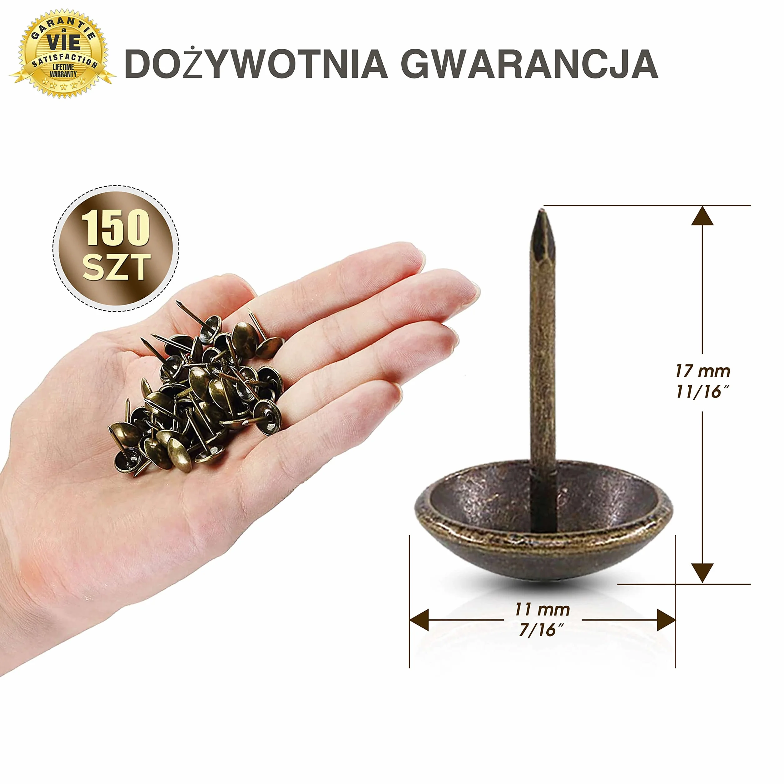 Gwoździe Tapicerskie - Długość 17 mm, Średnica 1 mm - 150-Pak - ✮DOŻYWOTNIA GWARANCJA✮ - Ozdobne Pinezki Tapicerskie Imitujące Gwoździe Mosiężne do Zabytkowych Mebli, Sof i Ozdób