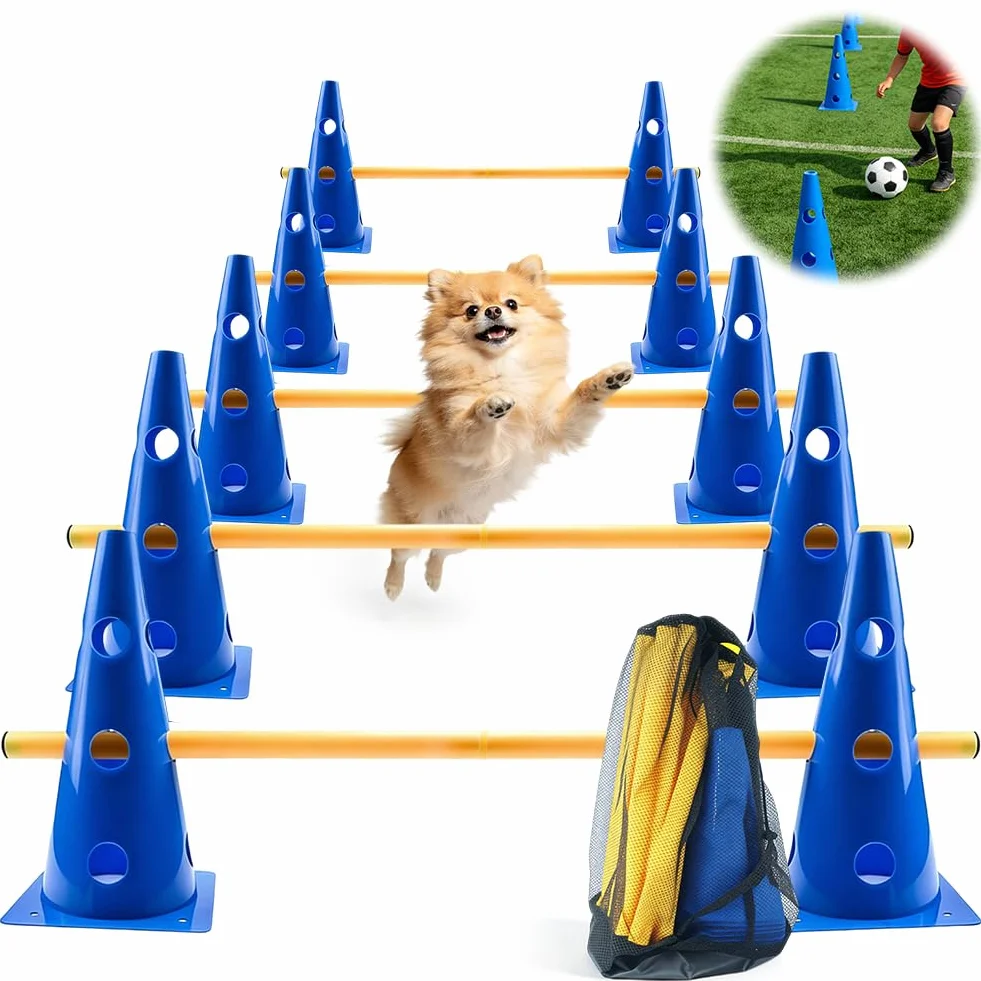 Agility zestaw płotków wtykowych, 10 stożków + 5 drążków, regulowane płotki treningowe, zestaw płotek treningowych do treningu koordynacyjnego, zestaw dla dzieci, psów, sport zespołowy, piłka nożna