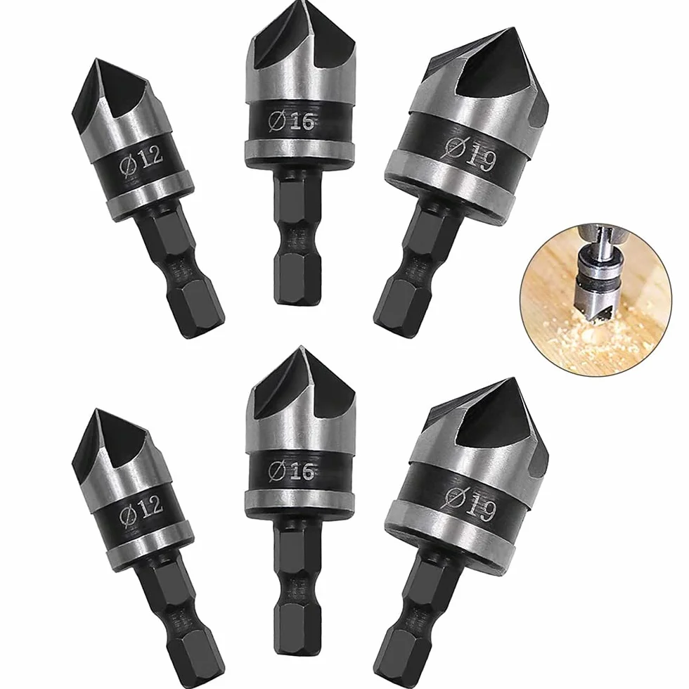 6 sztuk frez do fazowania 90 stopni, 5 fletów frez do fazowania, wiertło do fazowania ze stali węglowej, narzędzia do fazowania, do wiercenia i fazowania (12 mm, 16 mm, 19 mm)