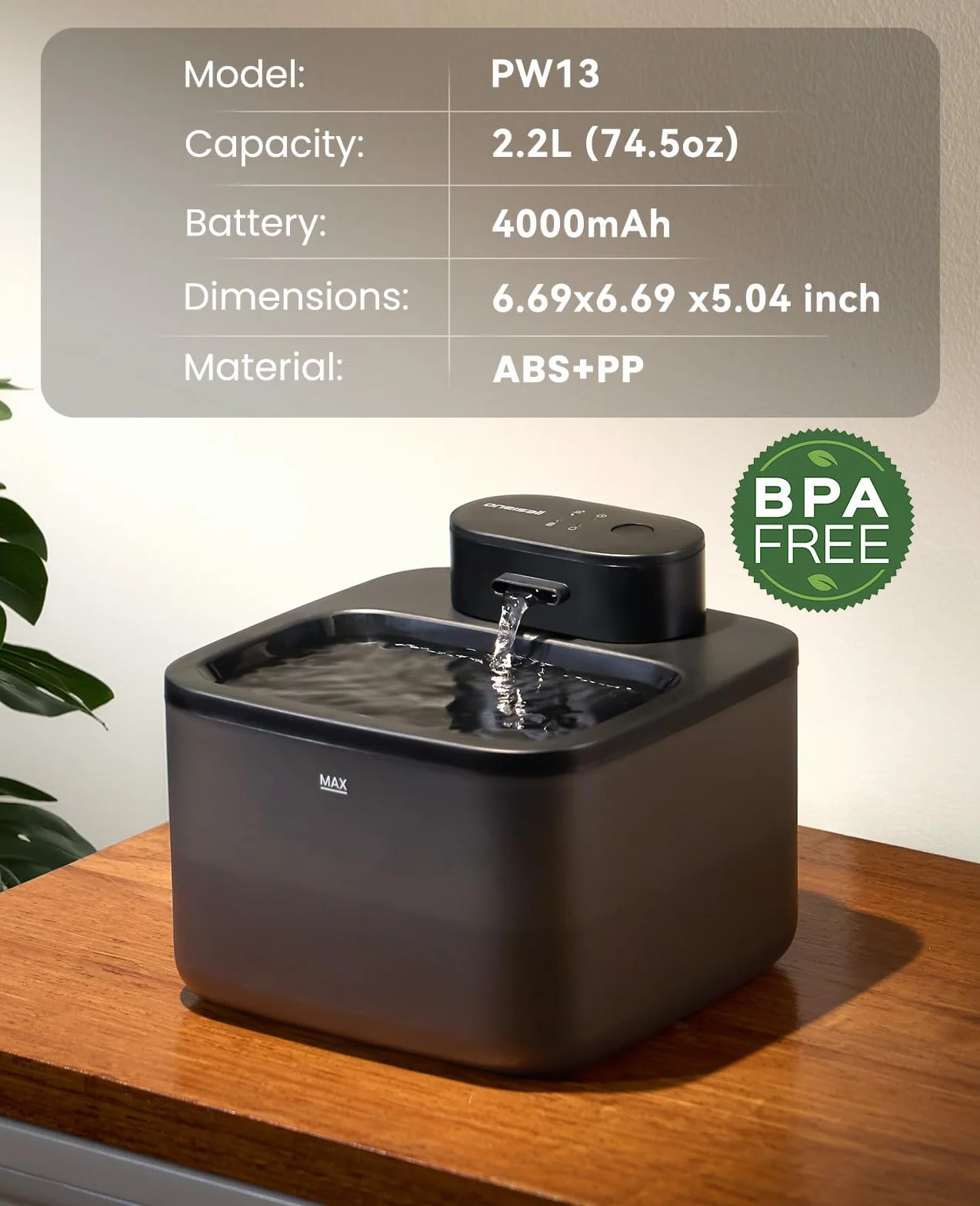 Bezprzewodowa fontanna dla kotów oneisall, fontanna o pojemności 2,2 l z czujnikiem ruchu, ultracicha wbudowana pompa SilentFlow™ (20 dB), zasilana bateryjnie, łatwa w czyszczeniu, kolor czarny