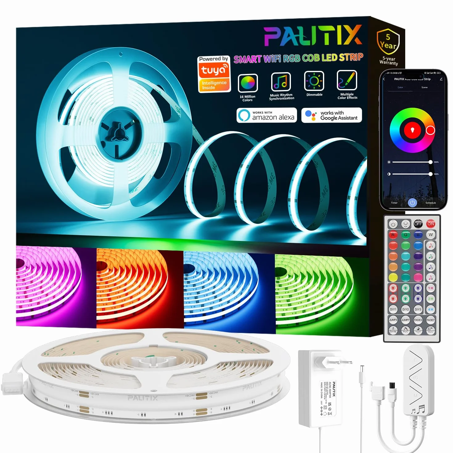 PAUTIX COB LED Taśma RGB 10M, Taśma LED RGB 24V, samoprzylepna, z funkcją dimmingu, WiFi, działa z Alexa/Google Assistant/Tuya, zmieniająca kolor LED taśma do pokoju zabaw, imprezy, dekoracja DIY