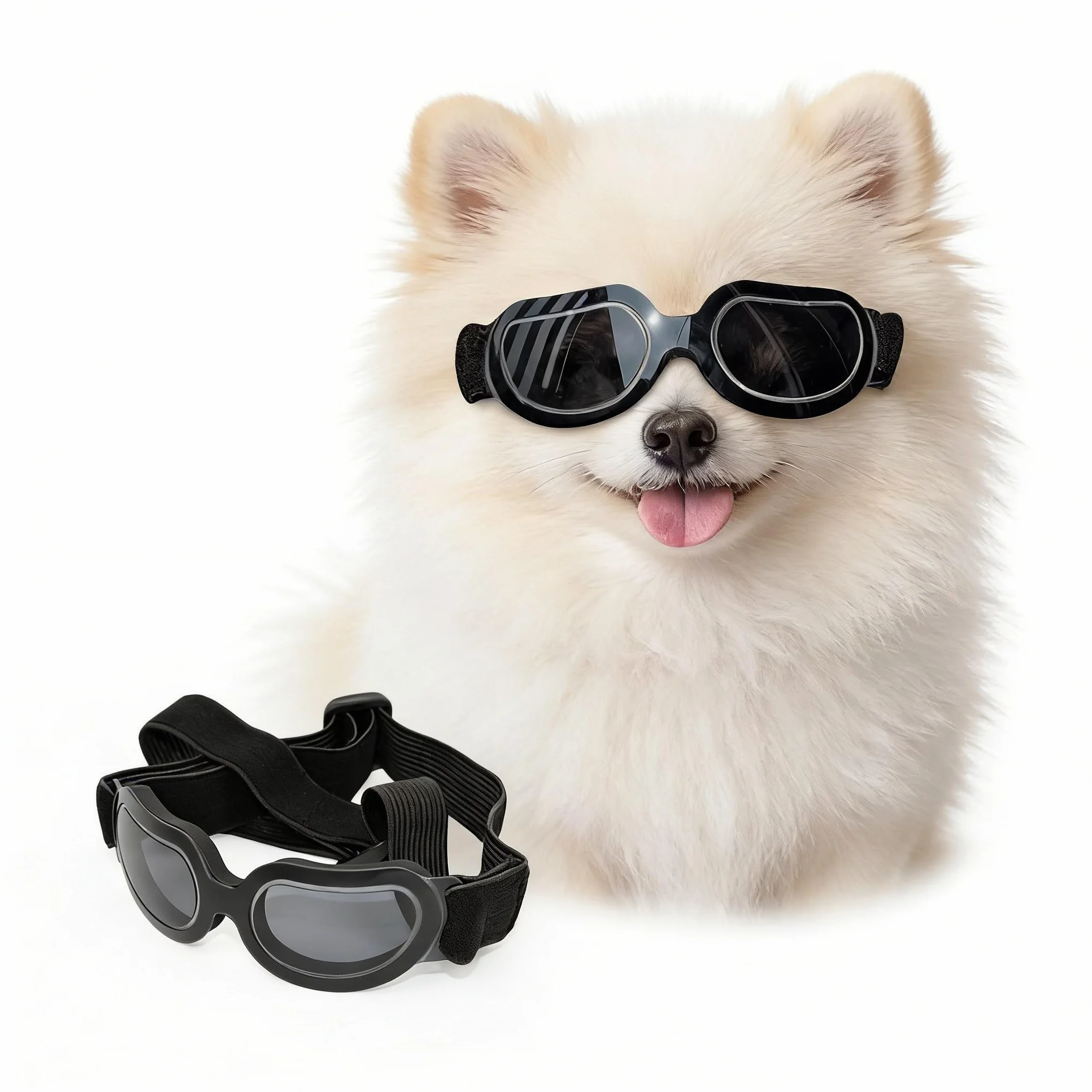 ENJOYING Okulary przeciwsłoneczne dla małych psów, gogle z filtrem UV dla szczeniąt, wiatroszczelna ochrona oczu na rower i do auta, regulowane paski, stylowy czarny (Cool Black)