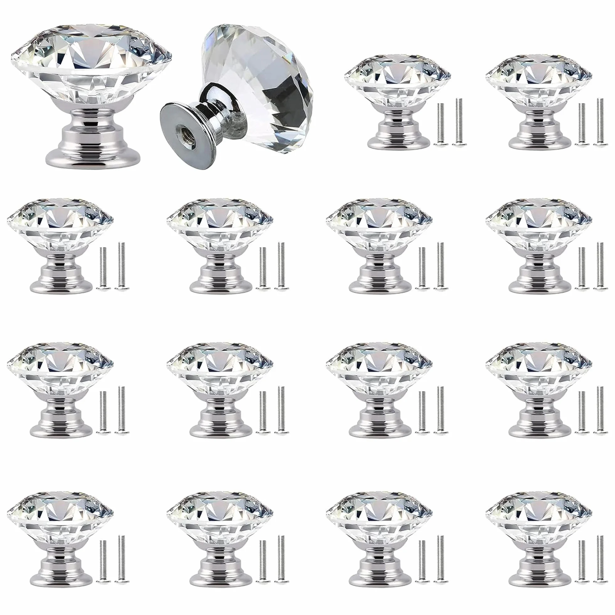 16 sztuk kryształowych gałek, 30 mm, 30 mm szklane diamentowe klamki, uchwyt do szuflady z 2 rozmiarami śrub, kryształowe gałki do drzwi