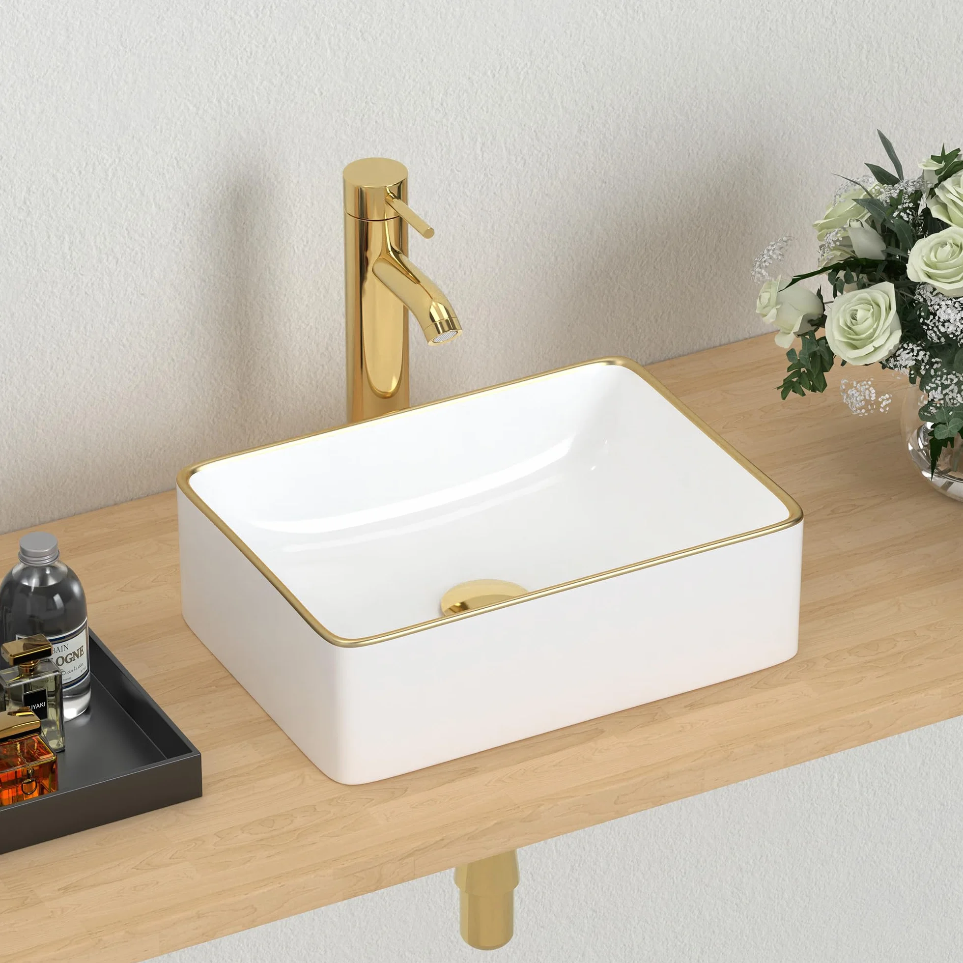 J-FAMILY prostokątna umywalka ceramiczna 14,5 x 10,6 cala biała złota krawędź