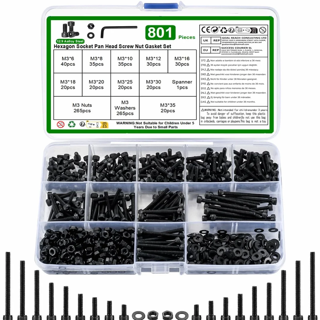 Set 801 sztuk M3 wkrętów cylindrycznych z wewnętrznym sześciokątem, śruby i nakrętki, podkładki, Wkręty sześciokątne, Wkręty rowerowe, Śruby pasujące do metryki. Czarny Zestaw dla rowerów