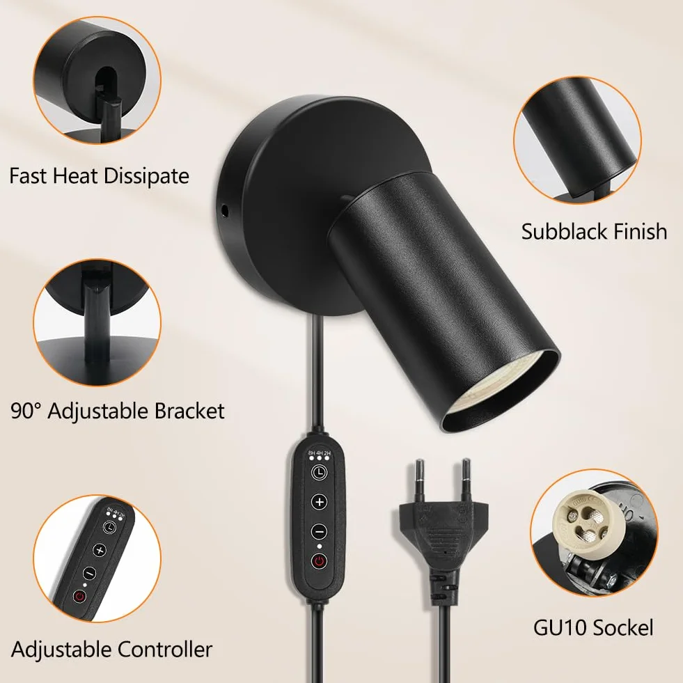 HOTUT GU10 Lampa ścienna, Lampa ścienna z wtyczką i kablem, czarny mat, obracana o 350° lampka nocna, Spot w metalu czarny, lampka do czytania, nowoczesna do sypialni, salonu, korytarz
