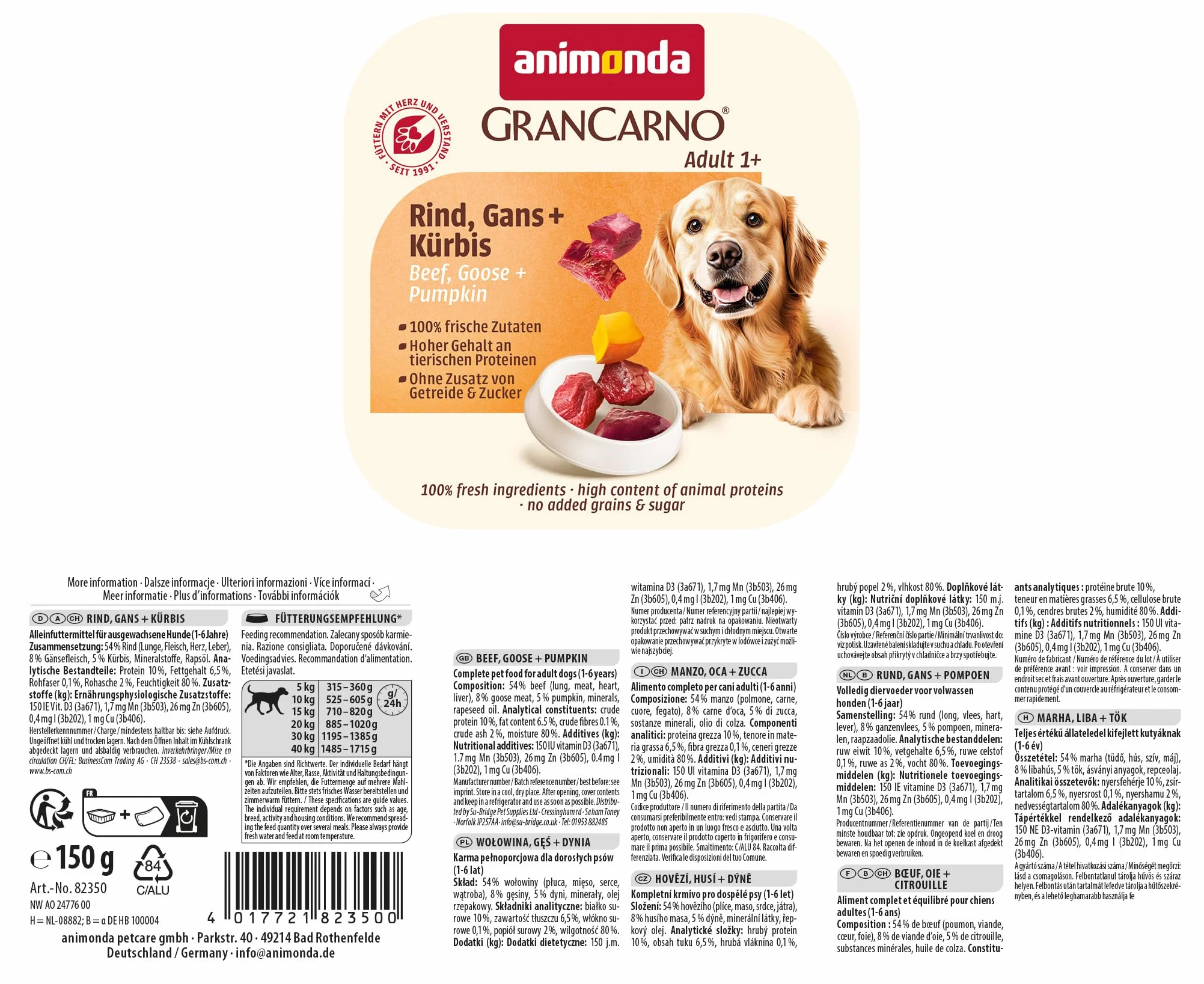 animonda GranCarno Country mokra karma w misce dla dorosłych psów z wołowiną, gęsią + dynią 150 g