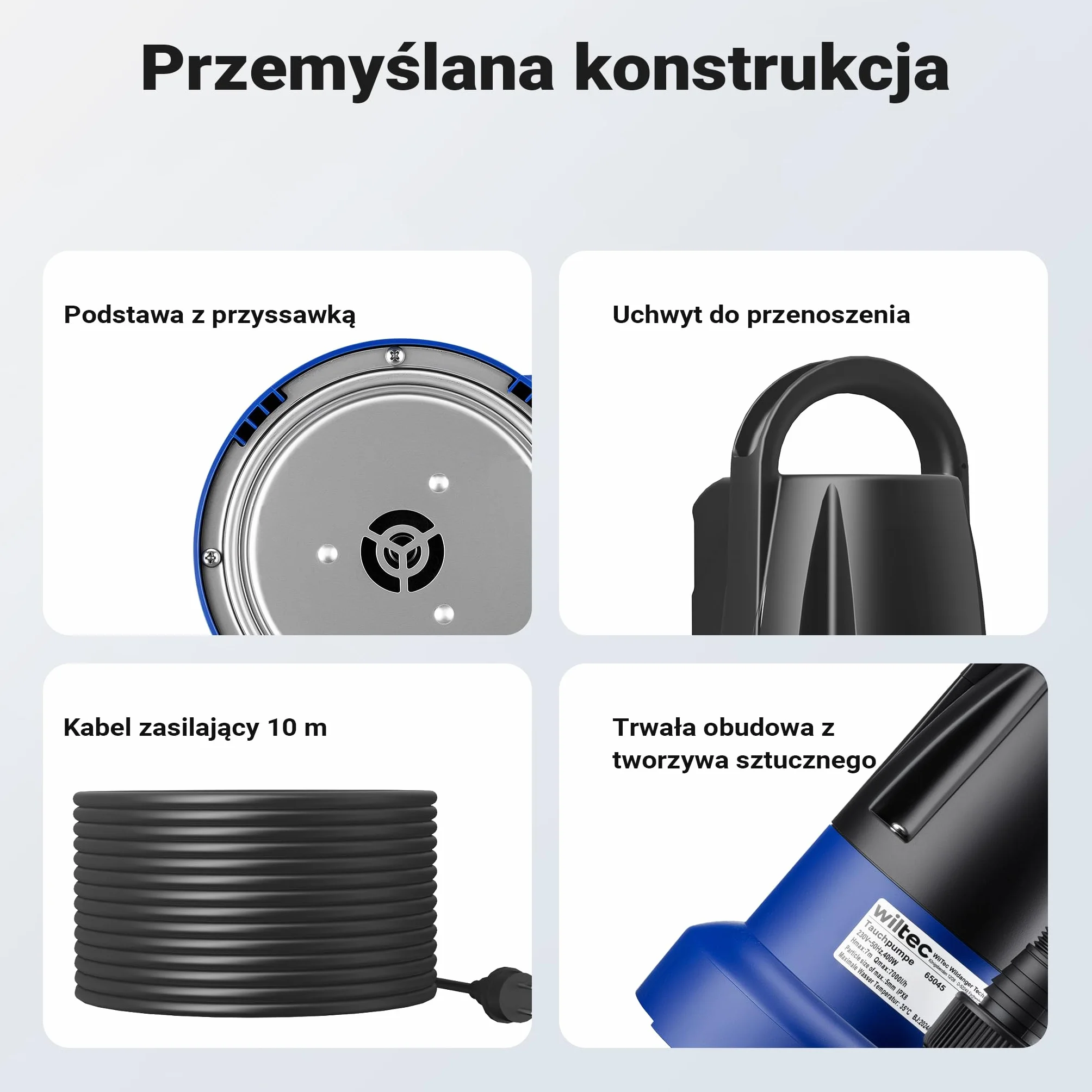 Wiltec Pompa zanurzeniowa 400 W 7000 l/h do szamba z czujnikiem płaskim ssaniem