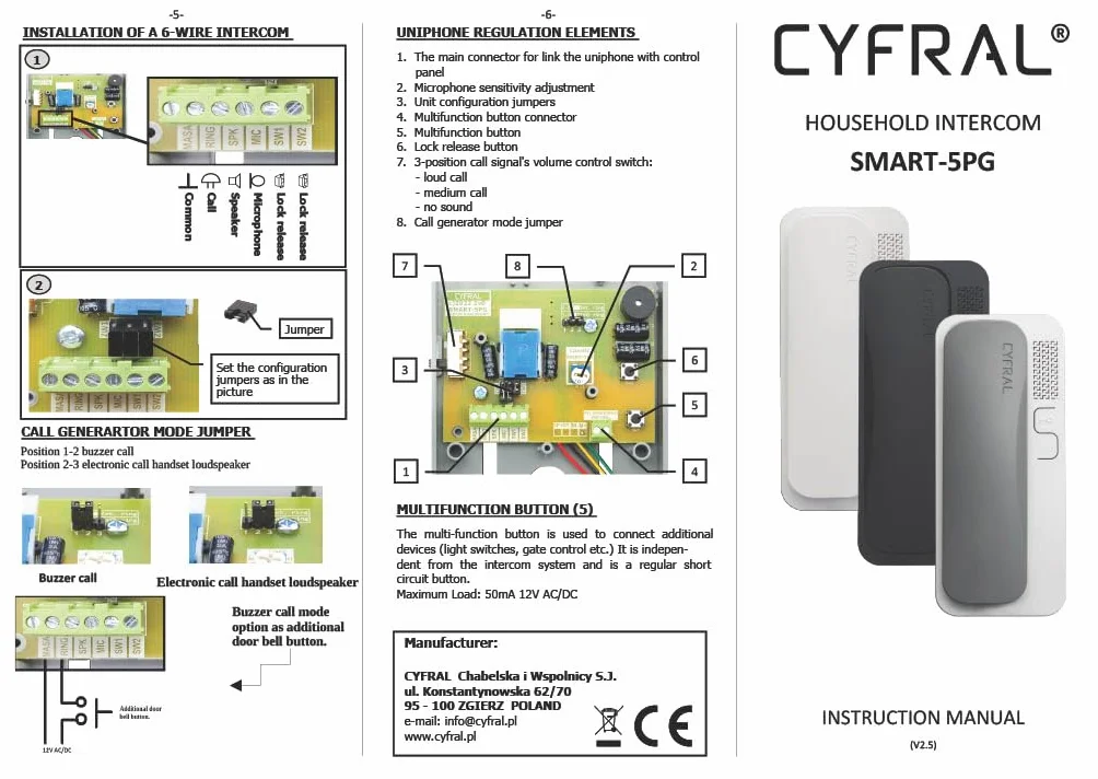 Cyfral 5902768850789 Smart5p Smart 5p telefon domowy 4 Plus N, 4, 5, 6, system przewodowy, biały