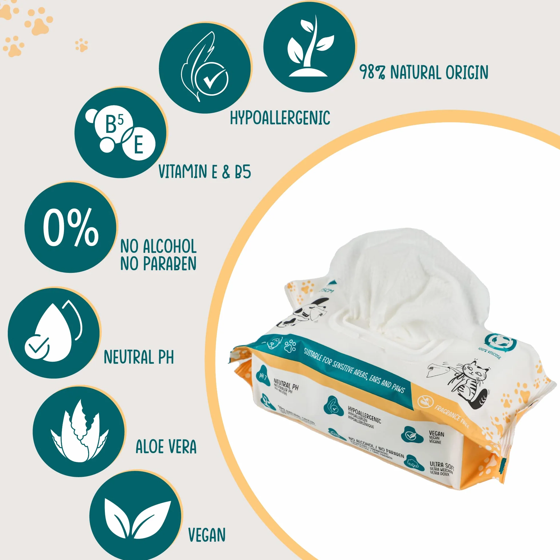 Chusteczki czyszczące dla psów, 100 chusteczek, hipoalergiczne, wzbogacone aloesem naturalnym, biodegradowalne, wrażliwe obszary, oko, ucho