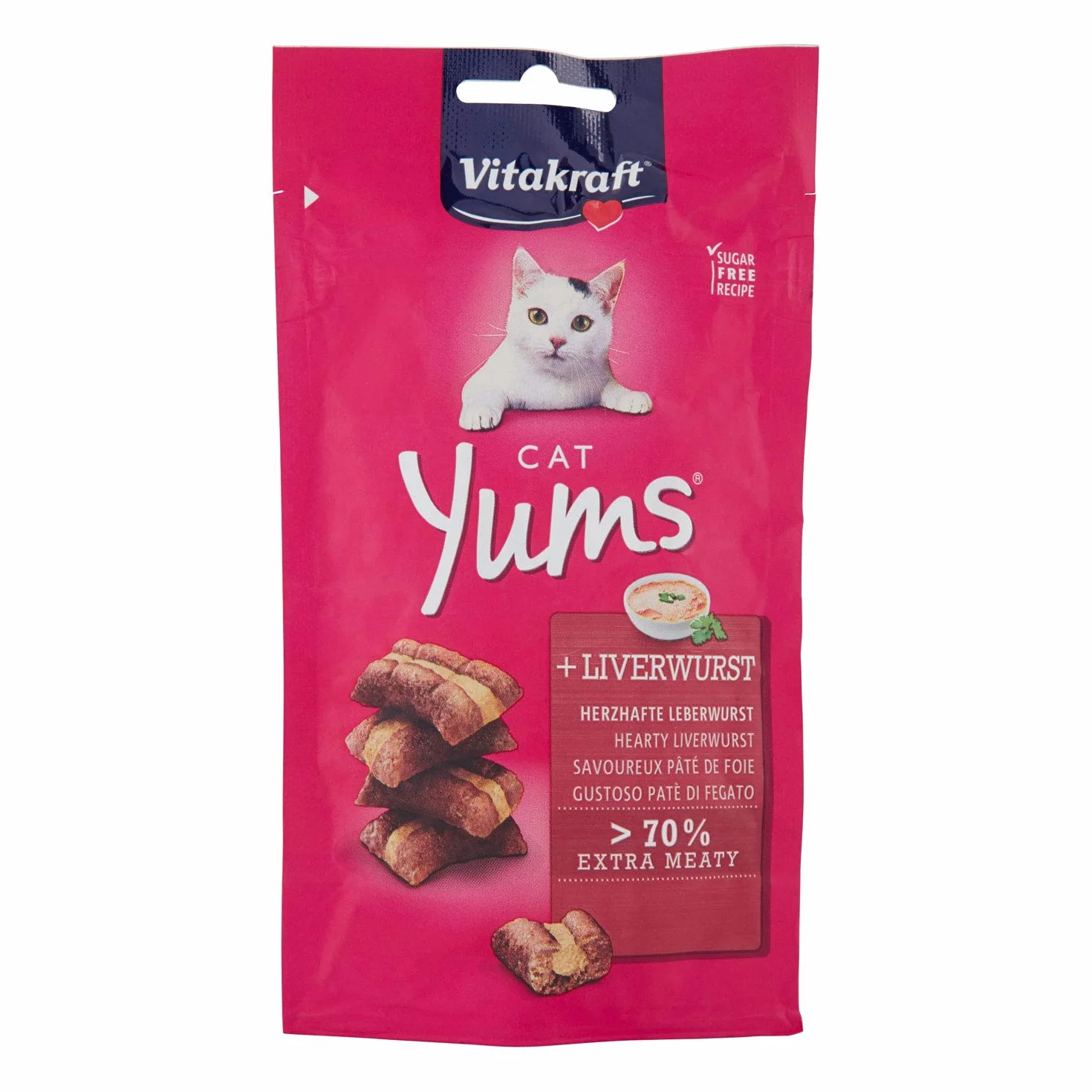 Vitakraft Cat Yums, przekąska dla kota z serdeczną kiełbasą wątrobową, ekstra mięsista, z widocznym wypełnieniem, w zamykanym woreczku, bez dodatku cukru i zbóż (1 x 40 g)