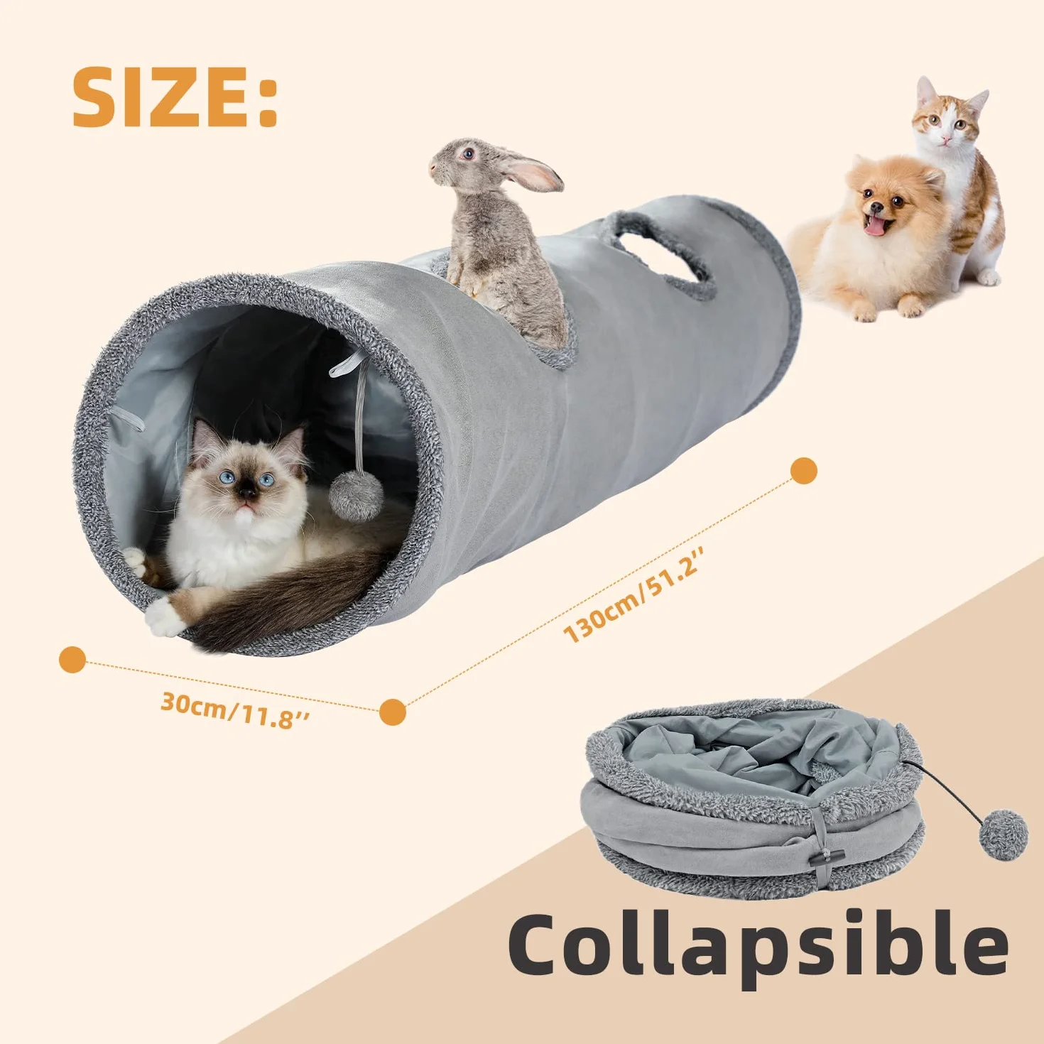 PAWZ Road Piękny składany tunel dla kotów, zabawka z piłką, tunel szelestowy, tunel do zabawy dla kotów, 130 cm x 30 cm, zabawka dla królików, szary tunel dla kotów mieszkalnych