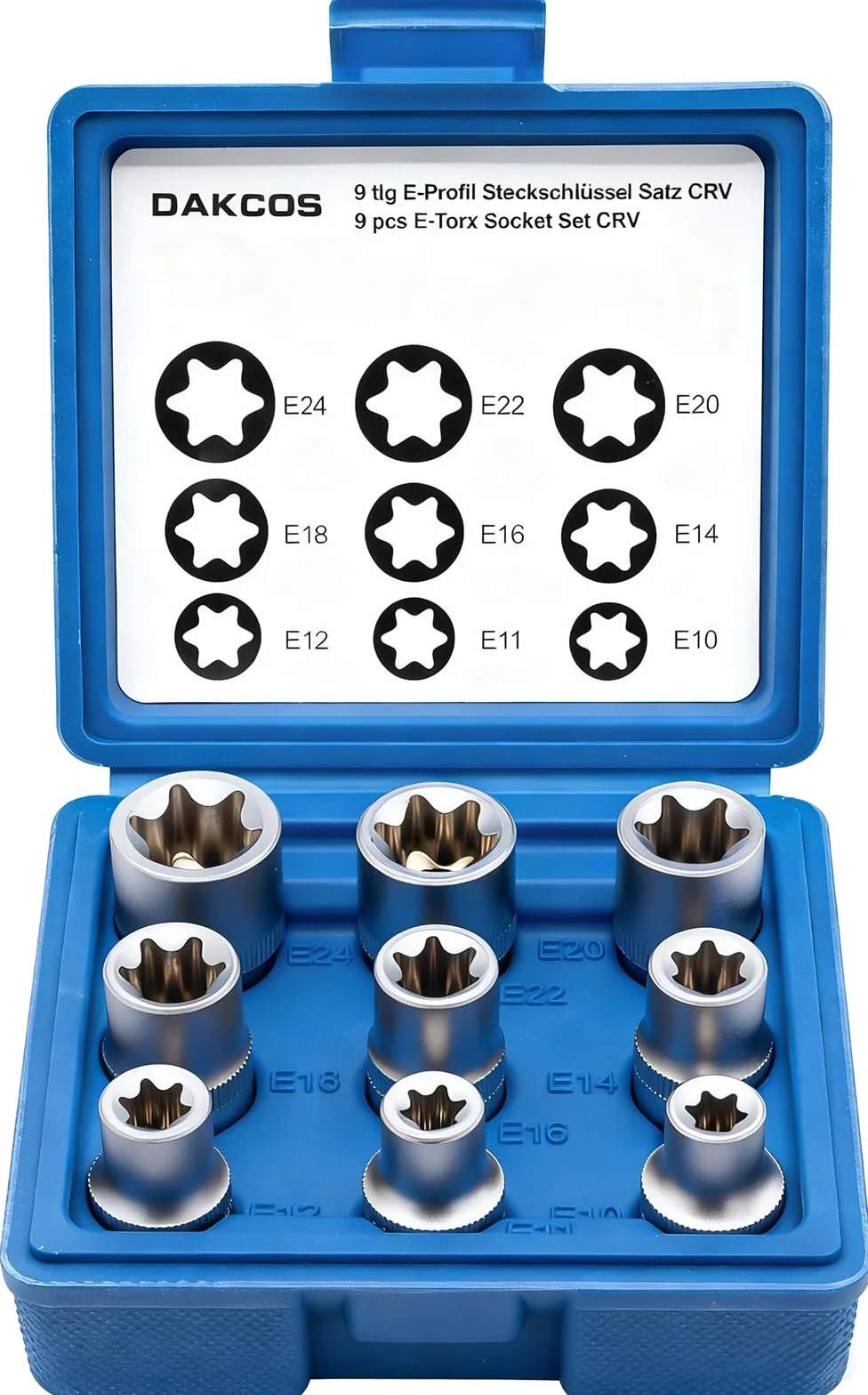 DAKCOS 9-częściowy zestaw kluczy nasadowych 1/2" E-Torx, profil E E10, E11, E12, E14, E16, E18, E20, E22, E24 z CR-V z matowym chromowanym wykończeniem