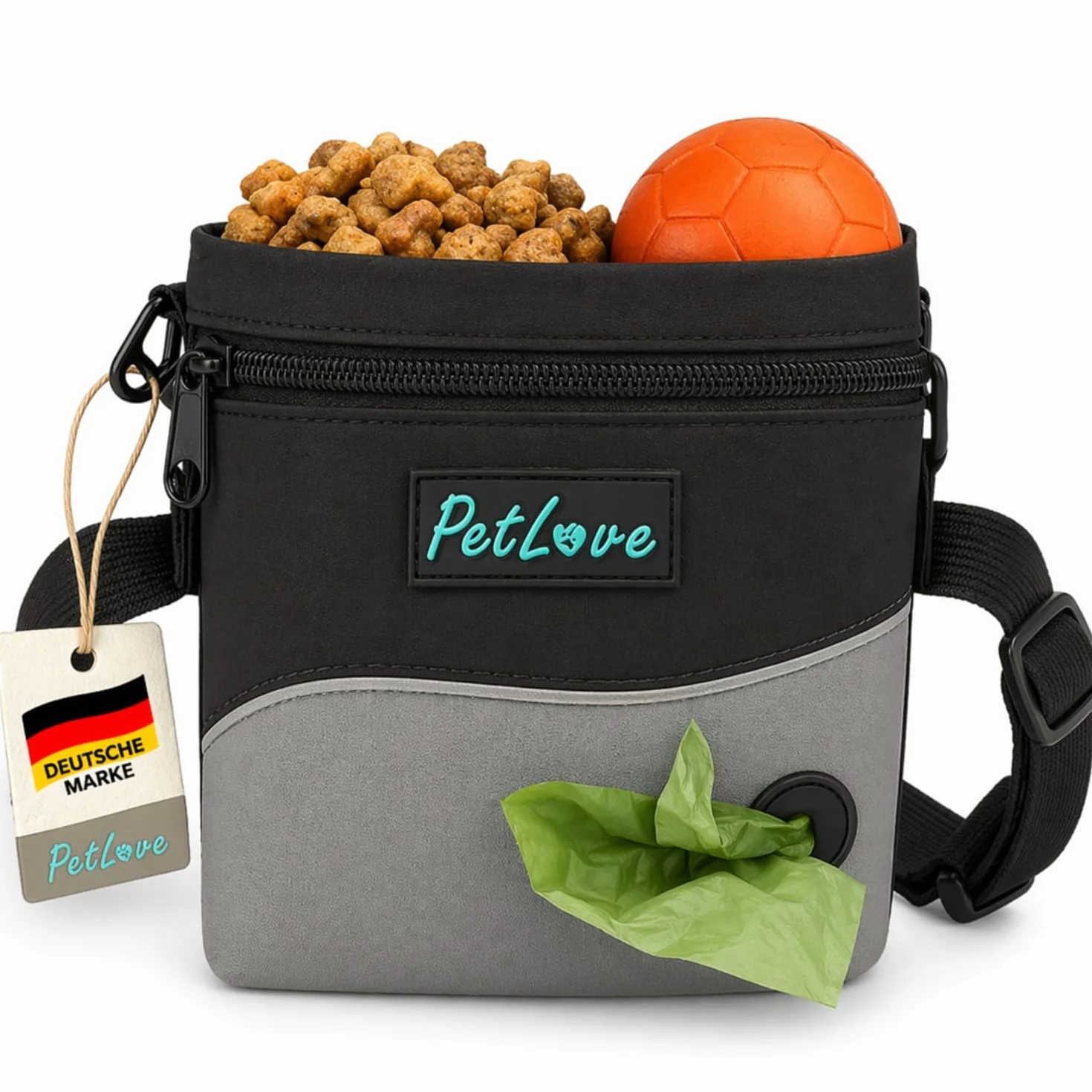PetLove Worek na smakołyki dla psów • worek na karmę z zapięciem magnetycznym • w zestawie dozownik do worków na odchody i do użytku jako torba na brzuch • szara