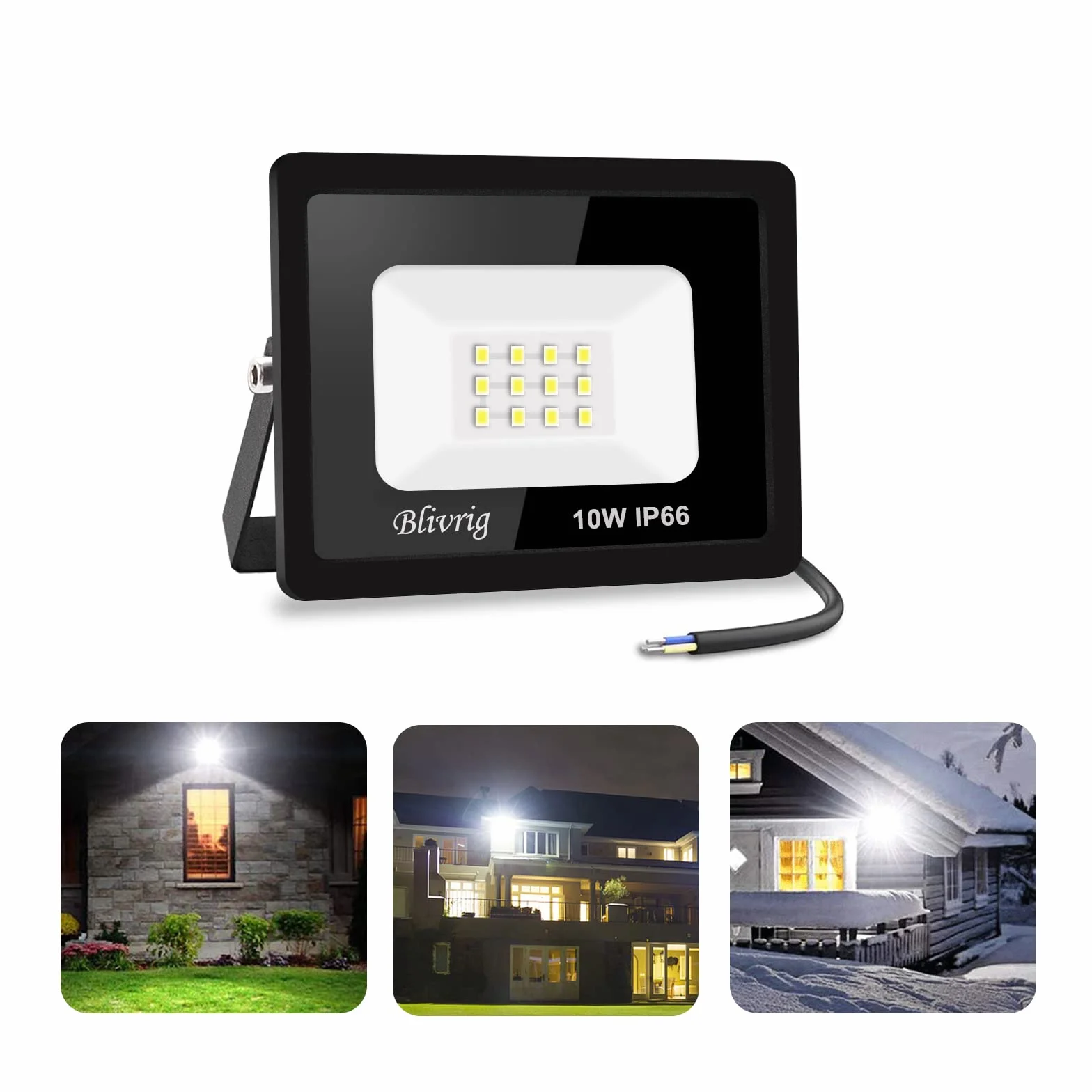 Reflektor zewnętrzny 10 W, 6500 K, 1000 lm, super jasny, IP66, wodoszczelny reflektor LED, lampa zewnętrzna do ogrodu, na podwórko, garaż, hotel