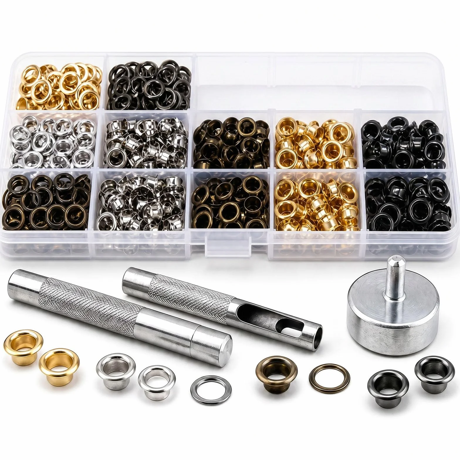 VGOODALL Zestaw narzędzi do oczek, 400 sztuk, 6 mm, 4 kolory, szczypce do oczek z 3-częściowym zestawem narzędzi do prac typu "zrób to sam", do wyrobu skóry, rękodzieła, materiału