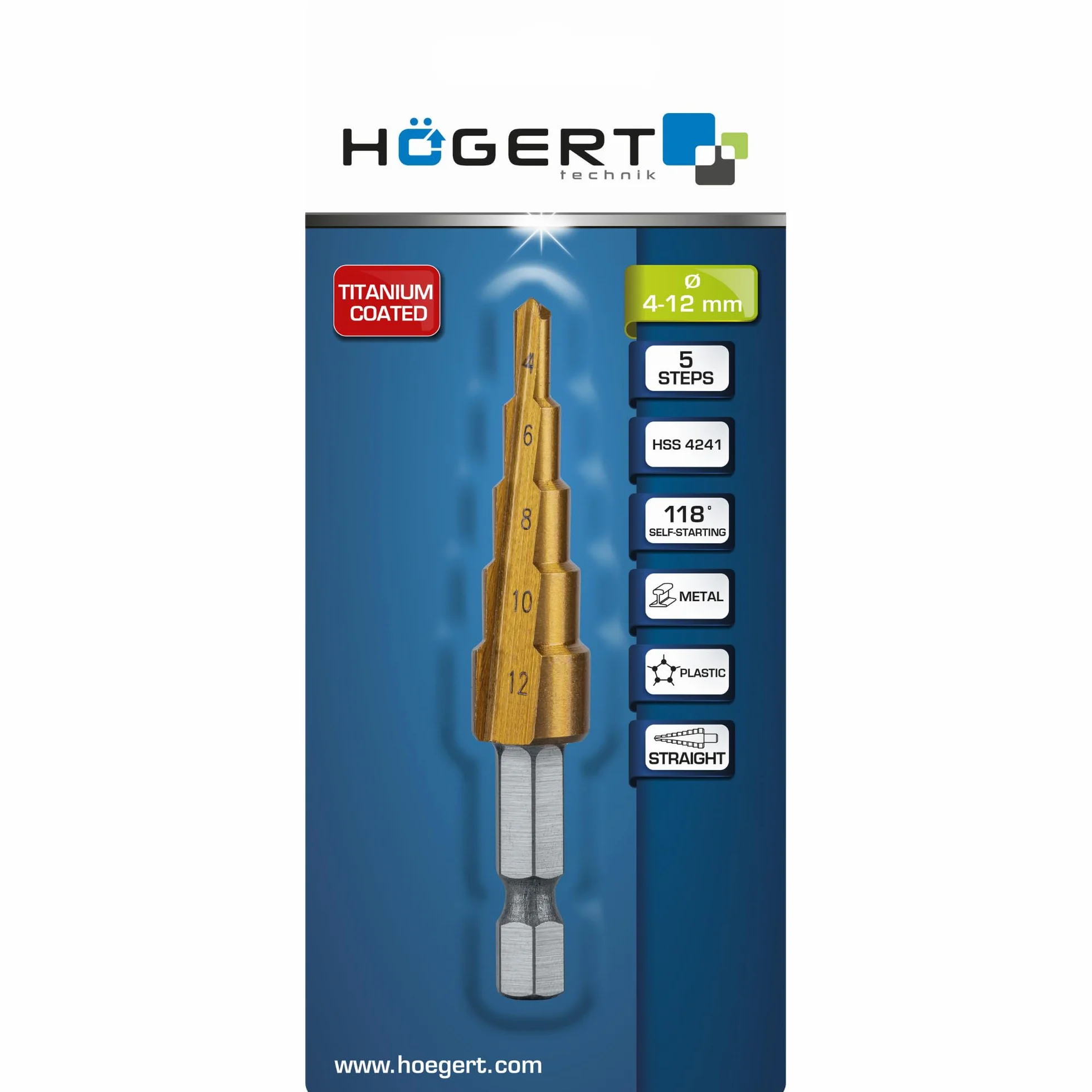 Högert Technik Wiertło stopniowe 4-12 mm HSS powlekane tytanem HEX 1/4" do metalu drewna tworzywa sztucznego