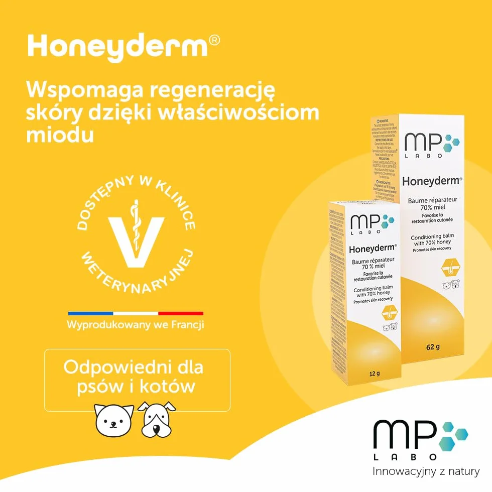 MP Labo Honeyderm® 62 g - balsam regenerujący z 70% zawartością miodu dla psów i kotów - zawiera kwas hialuronowy, witaminy A i E, masło shea, aloes i olejek lawendowy